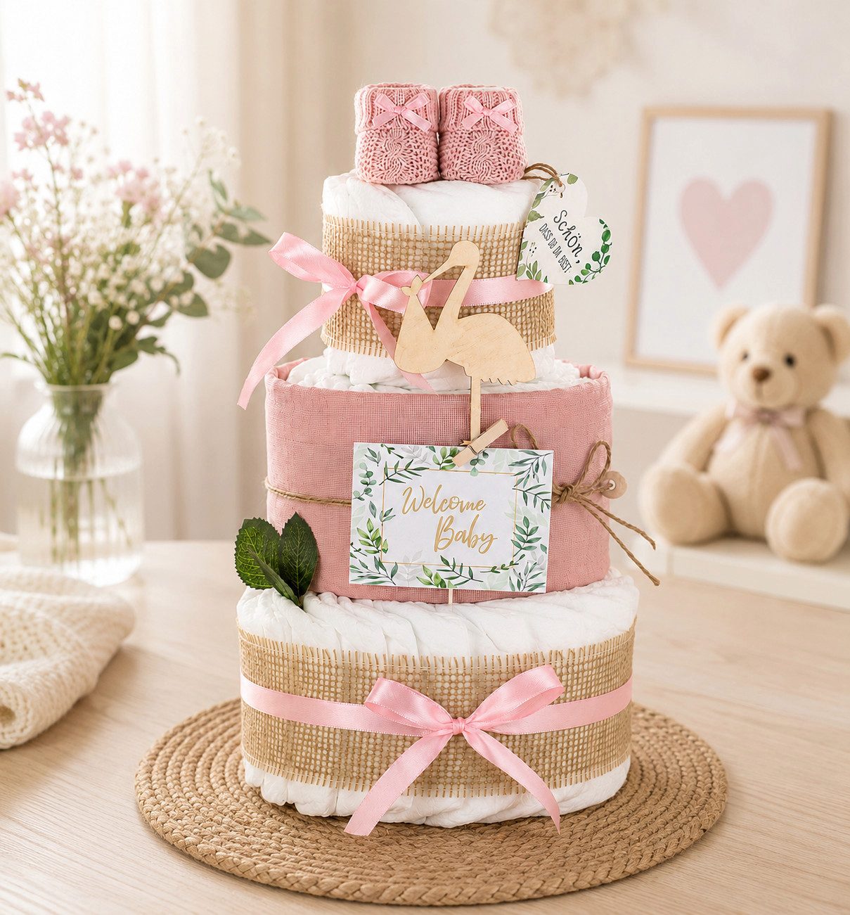 dubistda-WINDELTORTEN- Neugeborenen-Geschenkset Windeltorte Storch, zur Geburt – Bild 3 von 3