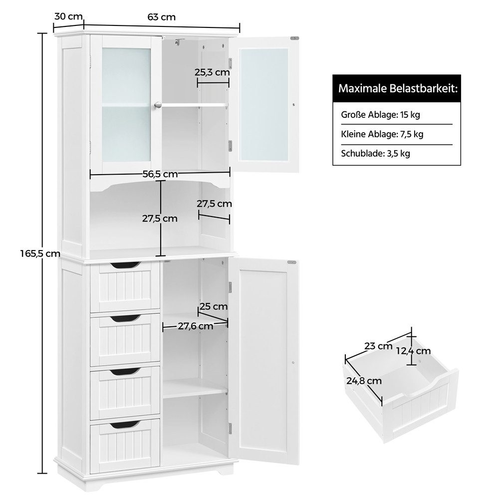 Yaheetech Hochschrank Badkommode Badschrank mit Glastüren & 4 Schubladen Badezimmerschrank Küchenschrank, Einlegeböden verstellbar – Bild 4 von 5