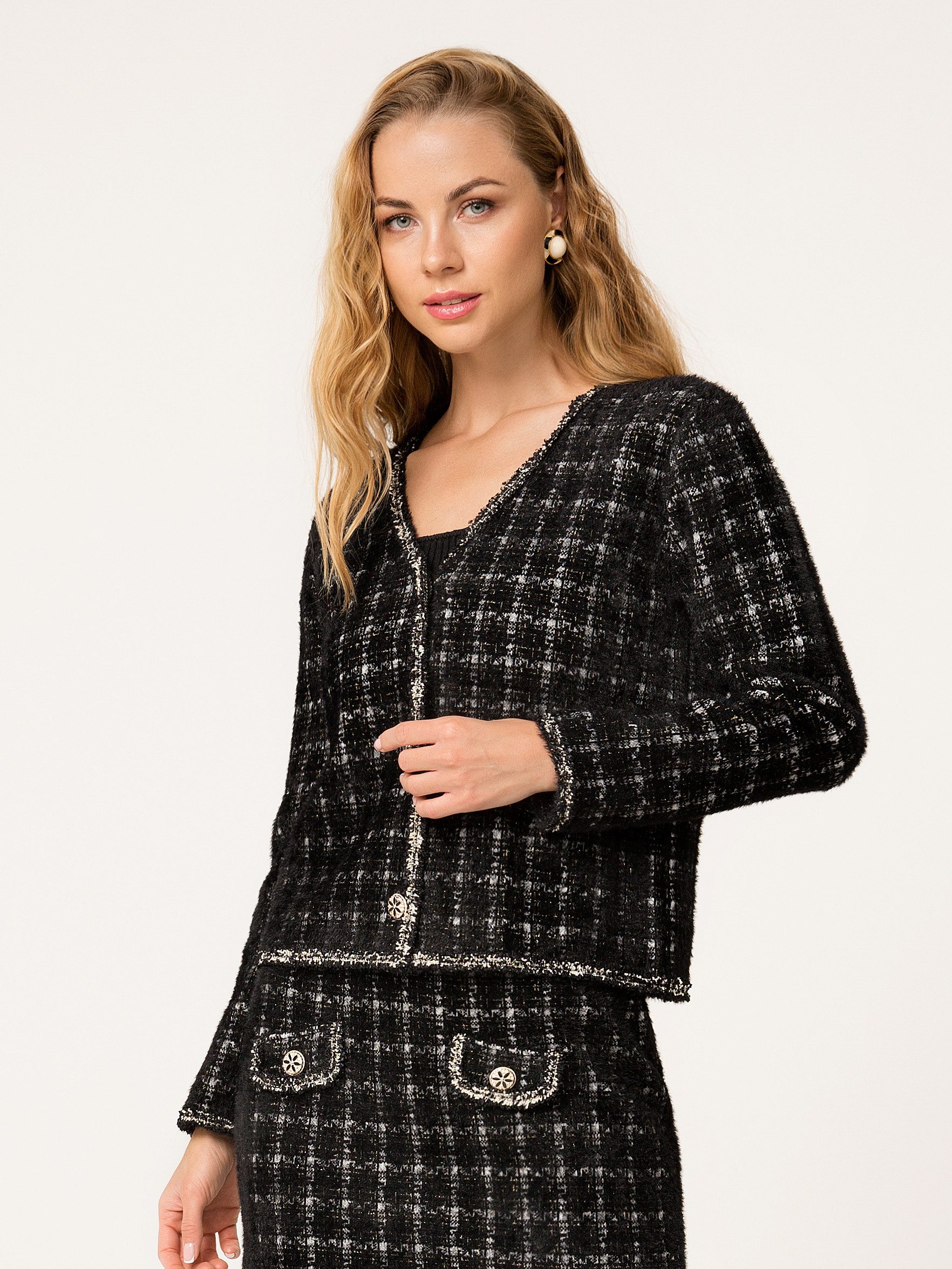 Passioni Bouclèjacke aus strukturiertem Karostrick günstig online kaufen