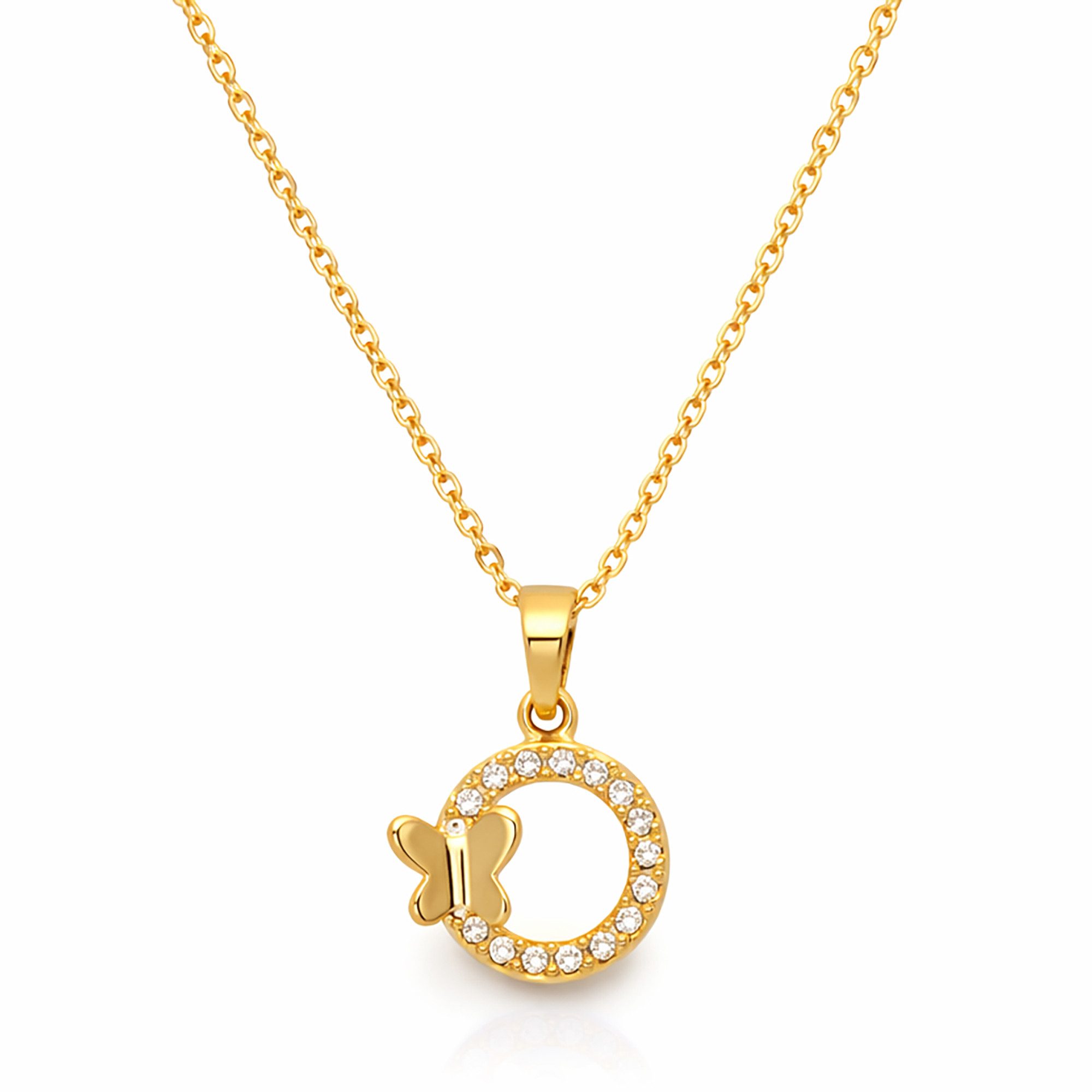 Kette mit Anhänger 750er Gold Vergoldet Halskette Schmetterling Ring Kreis Zirkonia Stein