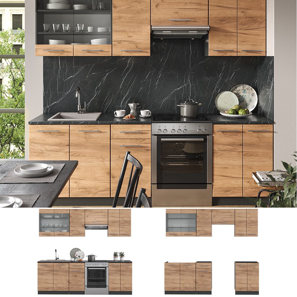 Vicco Küchenzeile Fame-Line, Goldkraft Eiche/Anthrazit, 240 cm, AP Anthrazit