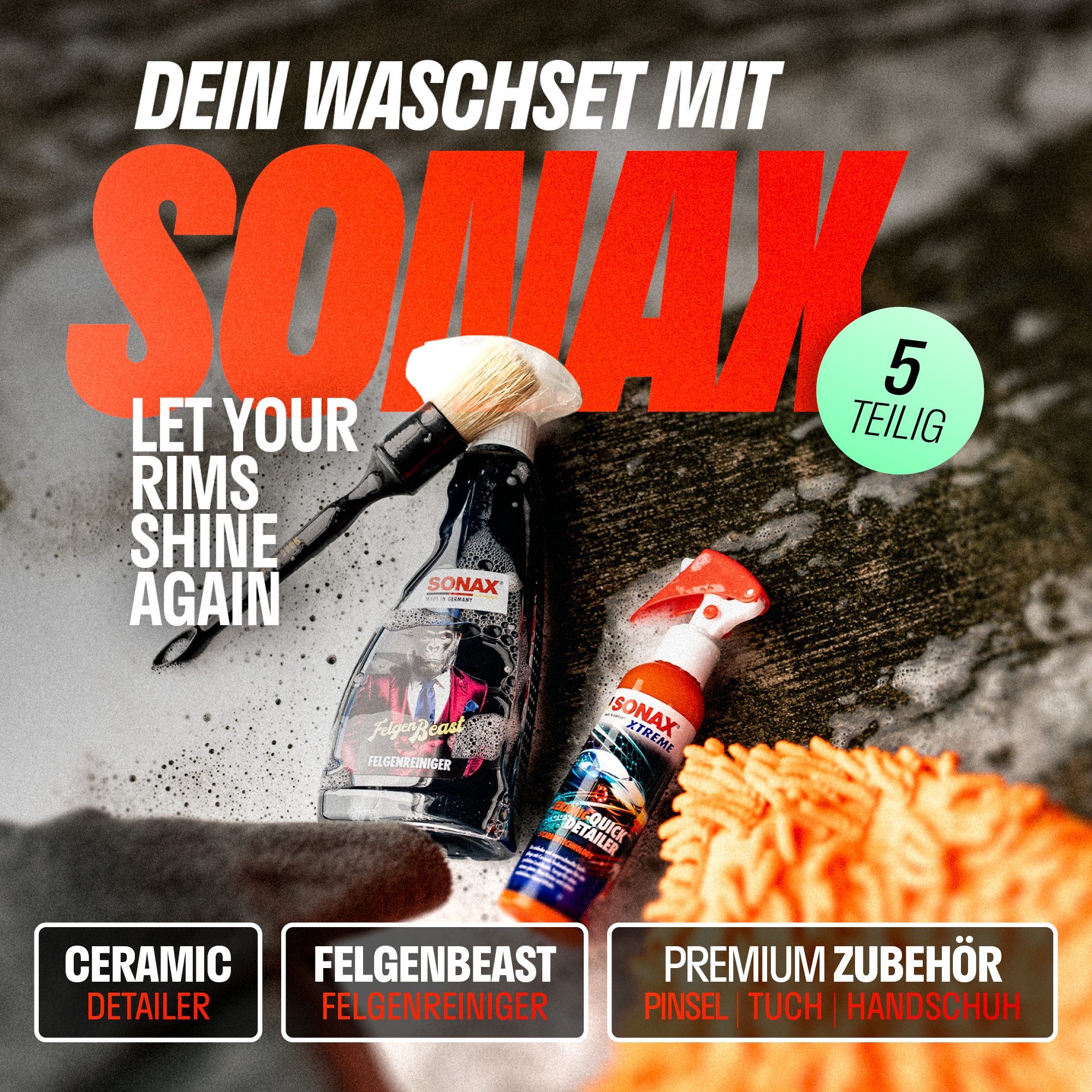Sonax Felgenreinigung & Versiegelung Set Felgenreiniger (Set, [5-St. Felgenreinigungs- und Versiegelungsset SONAX Felgenreinigungsset und Versiegelungsset)