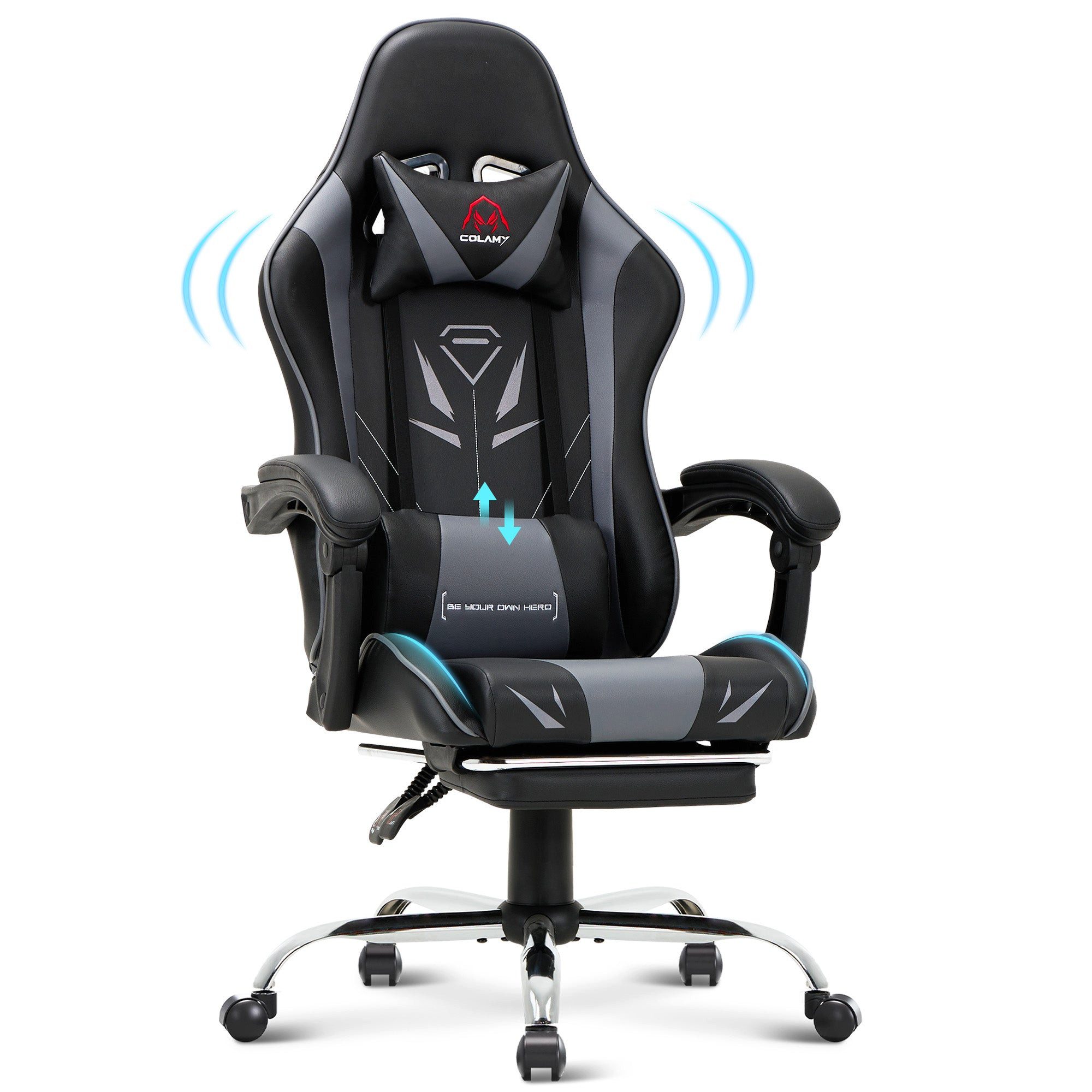 smartue Gaming Chair Ergonomischer Gaming Stuhl mit Fußstütze und hoher Rückenlehne, Computerstuhl mit Kopfstütze und Lendenwirbelstütze für Büro