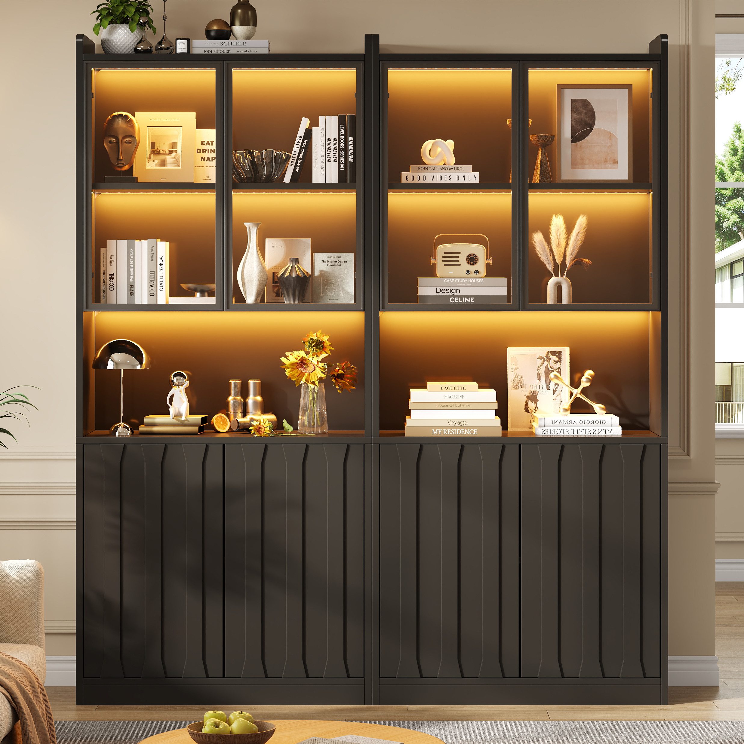 Fine Life Pro Standvitrine 2er-Set schwarze LED-Vitrinen mit Glastüren & offener Partition. Hochschränke für Wohnzimmer, Küche & Flur – 160x35x200 cm, beleuchtet.