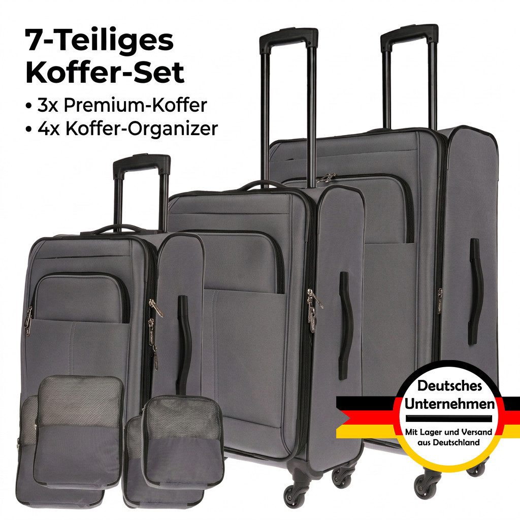 Weissmantel Kofferset 3er Koffer Set Stoffkoffer Set mit 4x Organizer, Weichschale 4 Rollen, (Als Zusatz sind 4 Organizer Tasche enthalten, damit Sie Ihre Kleidung perfekt im Koffer verstauen können., Mit eine Dehnfuge erhöht Volumen des Koffers um ca. 10), Softshell Koffer Set - Kofferset 3 Teilig Weichschale