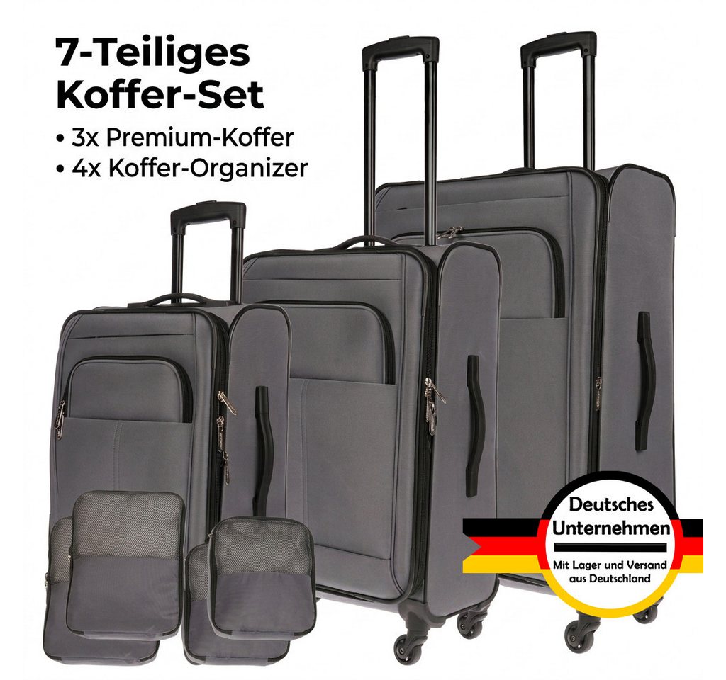 Weissmantel Kofferset 3er Koffer Set Stoffkoffer Set mit 4x Organizer, Weichschale 4 Rollen, (Als Zusatz sind 4 Organizer Tasche enthalten, damit Sie Ihre Kleidung perfekt im Koffer verstauen können., Mit eine Dehnfuge erhöht Volumen des Koffers um ca. 10