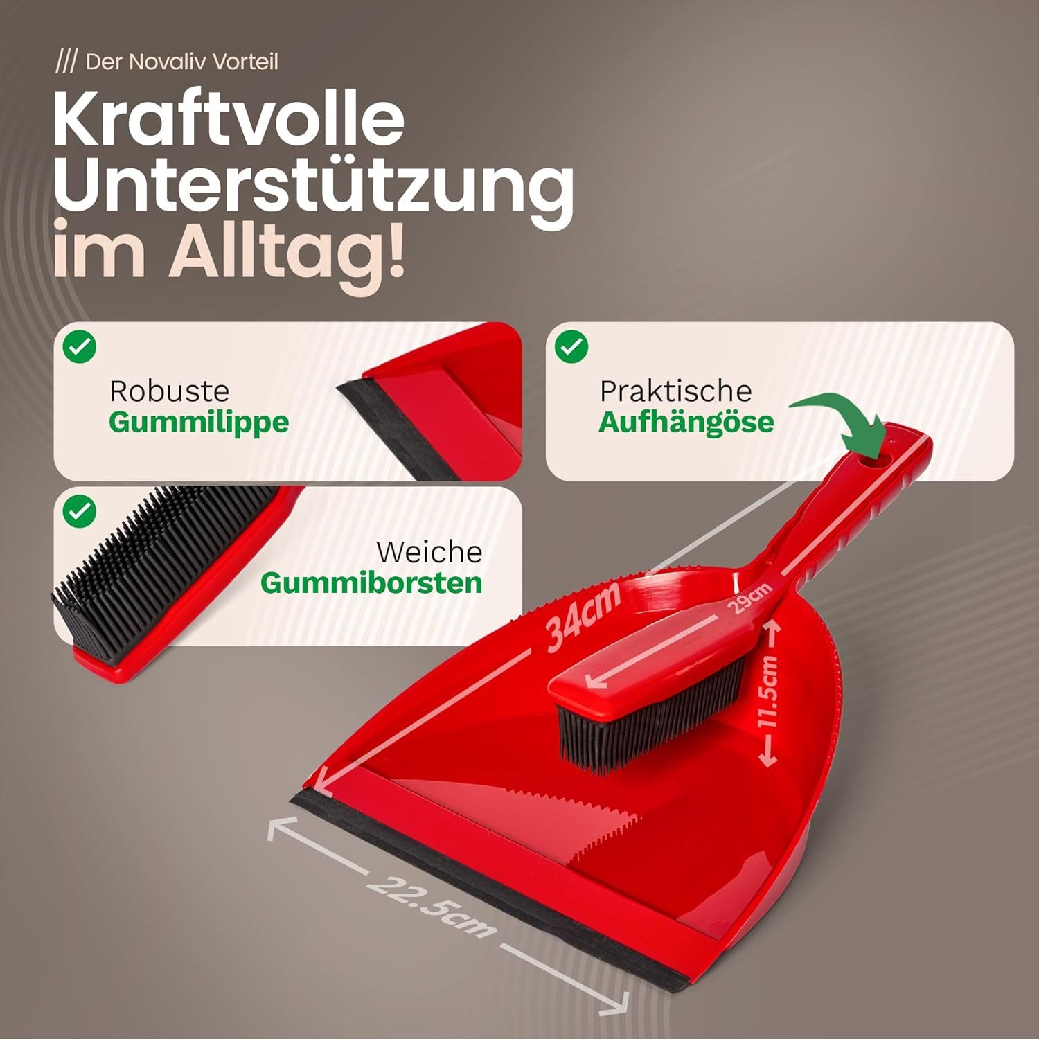 Novaliv Kehrgarnitur 19706-19705-19522-1xStuck, Gummibesen mit Teleskopstiel & Kehrgarnitur Friseurbesen Set Gummi Nop