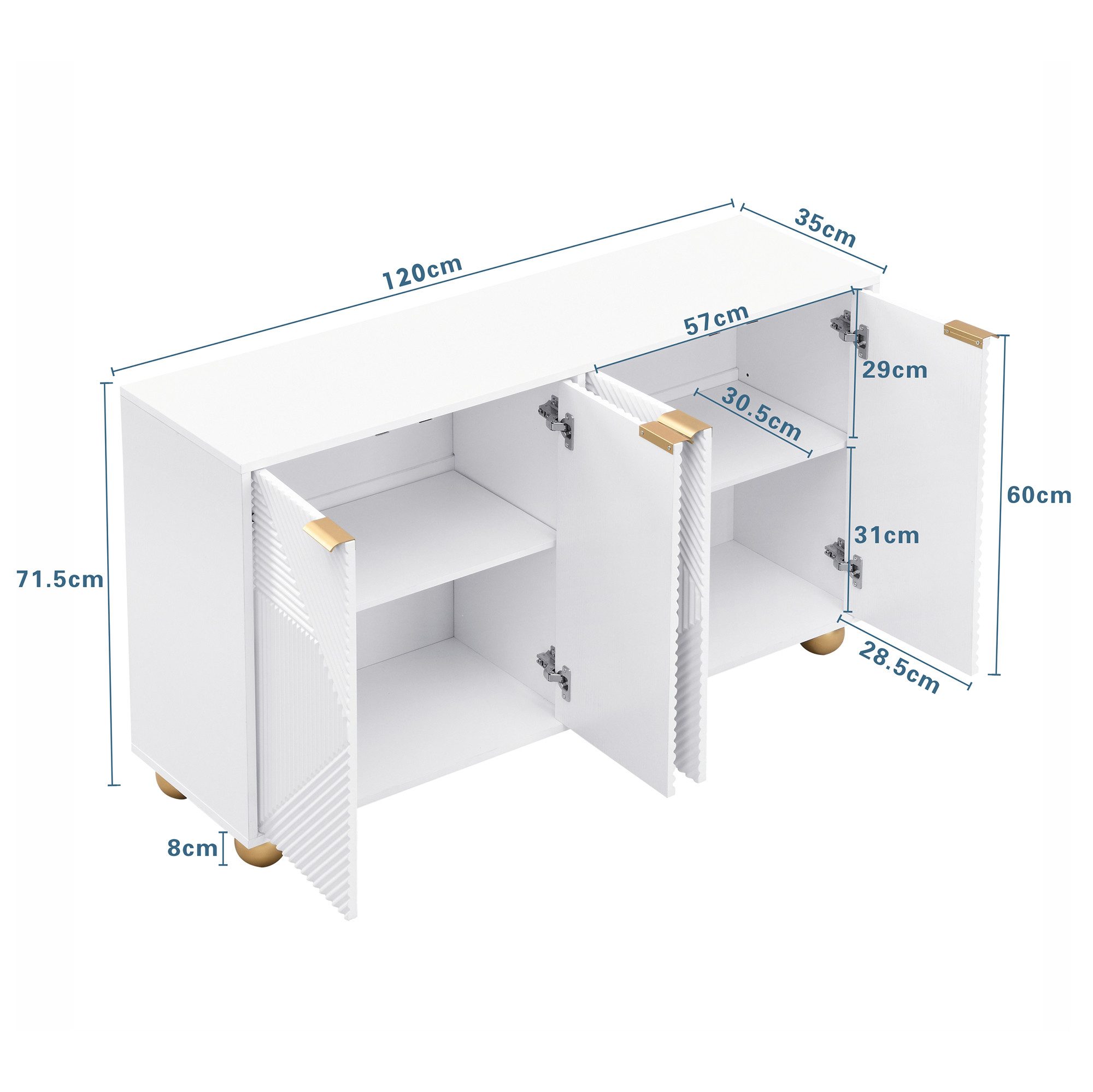 Celya Sideboard mit vier Türen und verstellbaren Innenböden (Metallgriffen und kugelförmigen Beinen), Viel Stauraum, Besonderer Licht- und Schatteneffekt