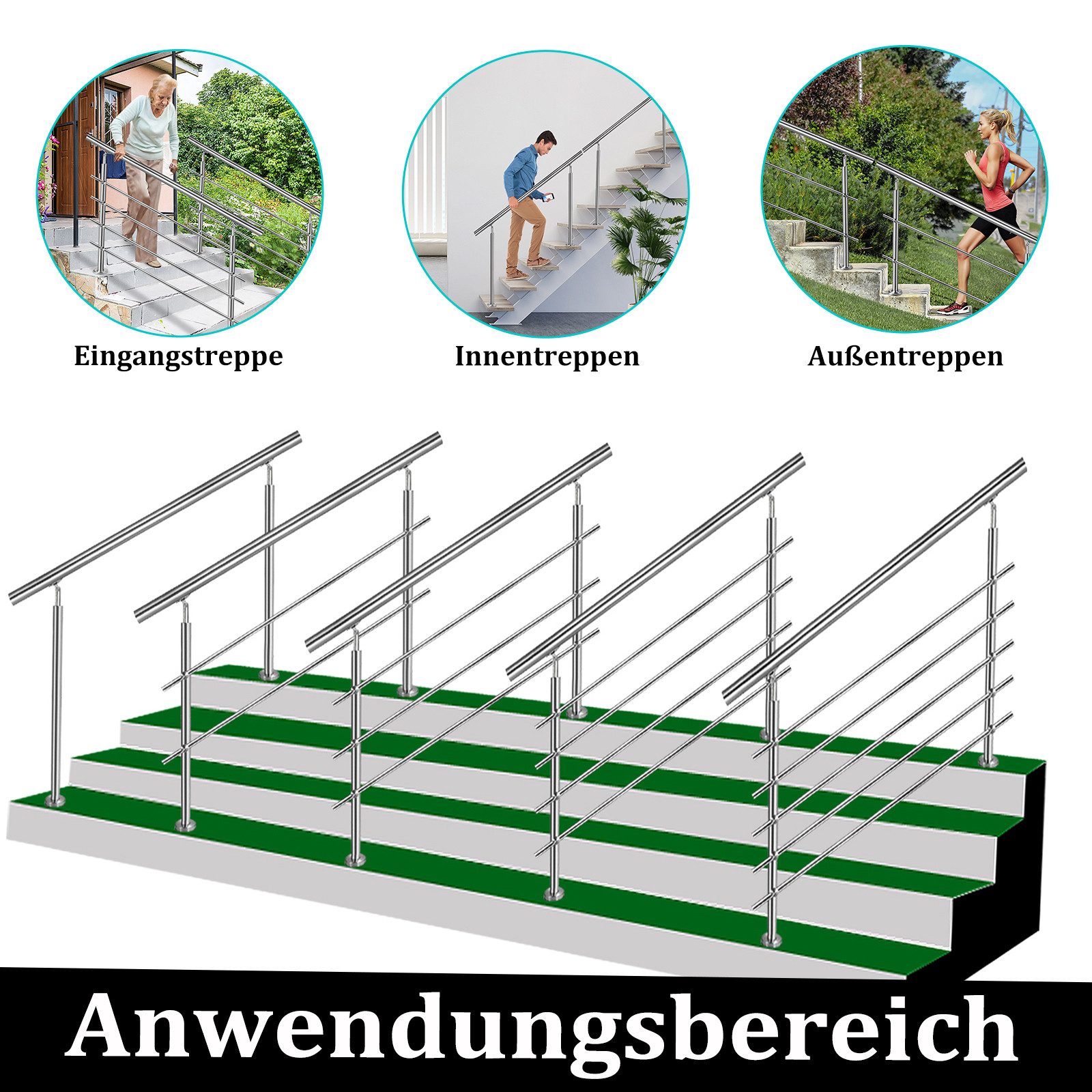 FIVMEN Treppengeländer Handlauf Edelstahl Geländer mit 2 Pfosten Brüstungsgeländer, 80 cm Länge, 3-tlg., für Treppen, Brüstung, Balkon – Bild 5 von 5