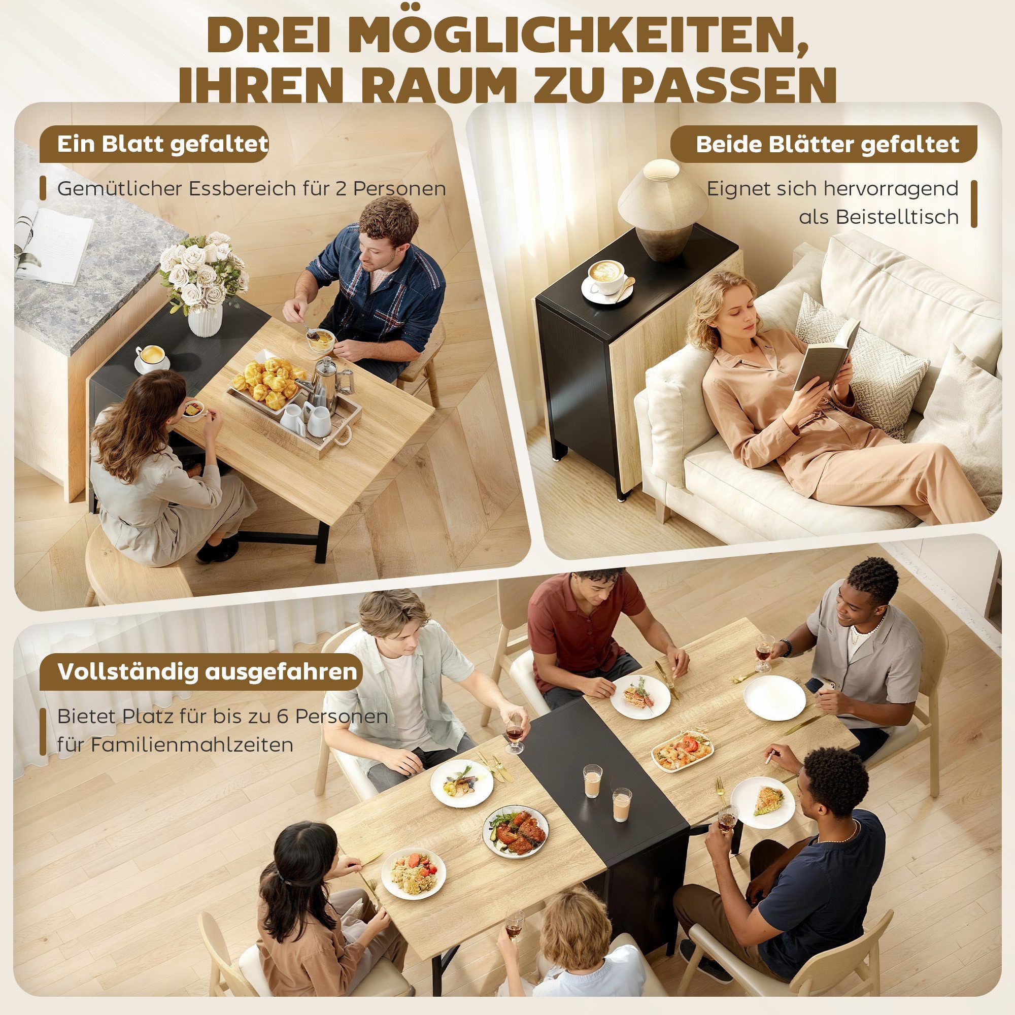 HOMCOM Klapptisch Klappbar Küchentisch mit Offenen Ablage, platzsparend (Esszimmertisch, 1-St., Esstisch), Dunkelholzfarbe+Schwarz 169 x 60 x 75 cm – Bild 4 von 5