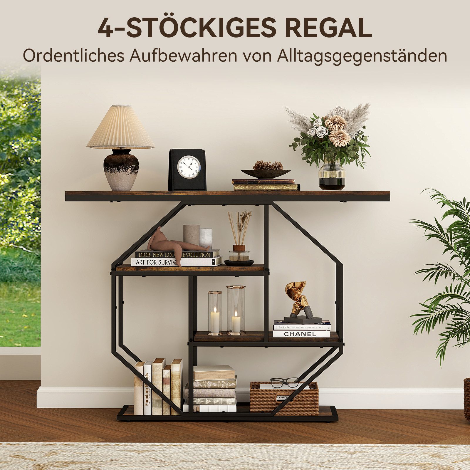 Puluomis Konsolentisch Flurtisch 105x30x85 cm, 4-stöckiger Beistelltisch mit offenem Regal – Bild 5 von 5