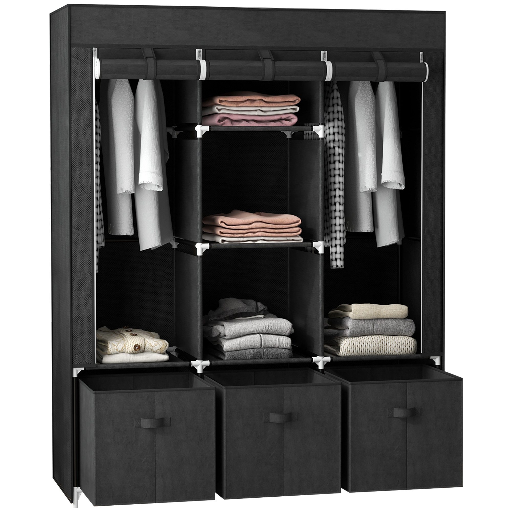 HOMCOM Stoffschrank Kleiderschrank mit Kleiderstangen und Schubladen (Faltschrank, 1-St., Garderobe) für Schlafzimmer, Vliesstoff, Schwarz, 125 x 43 x 162,5 cm