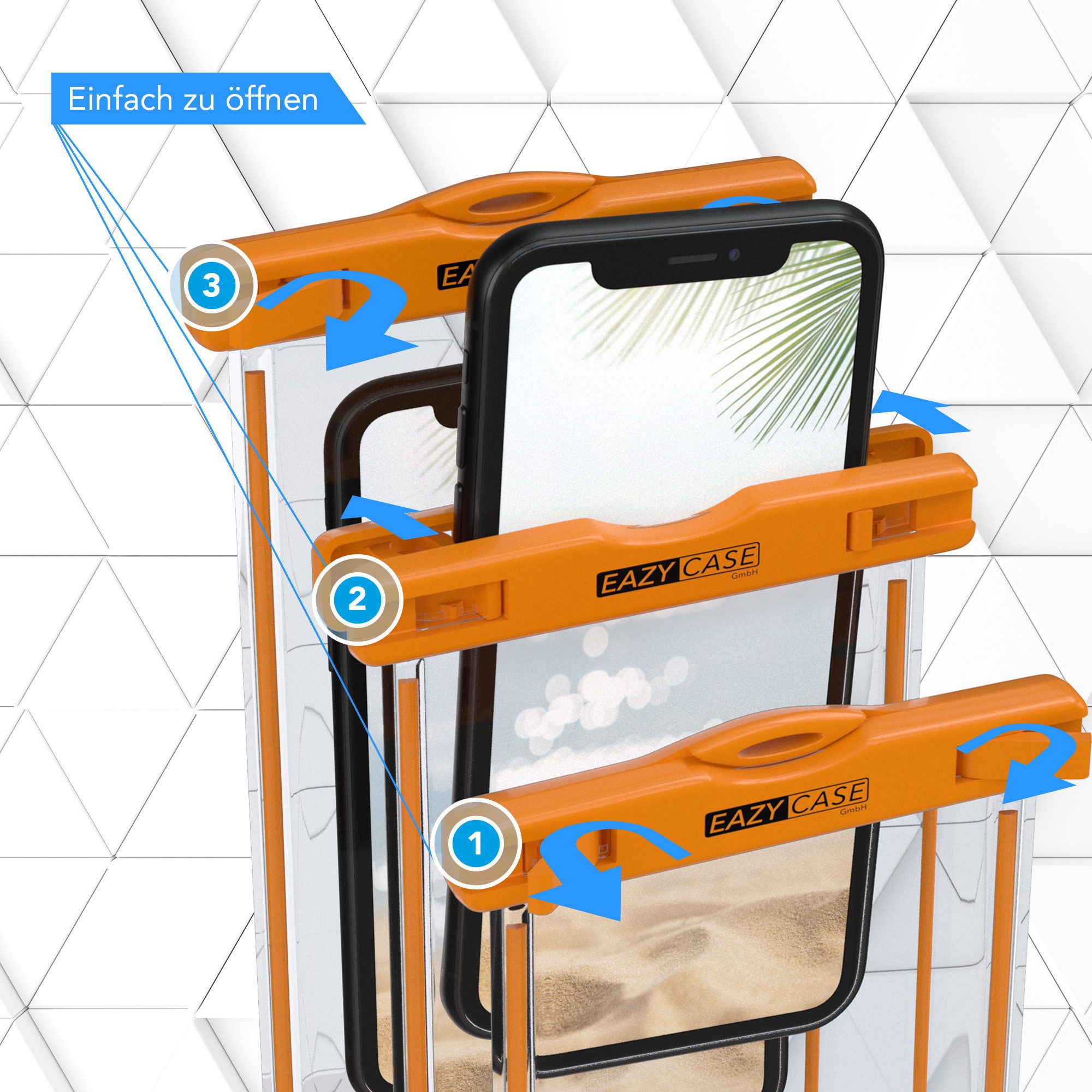 EAZY CASE Handyhülle Universale Unterwasser-Tasche für viele Modelle 3,5 - 6,7 Zoll, wasserdichte Schutzhülle Handytasche mit Band wasserfeste Hülle Orange – Bild 4 von 5