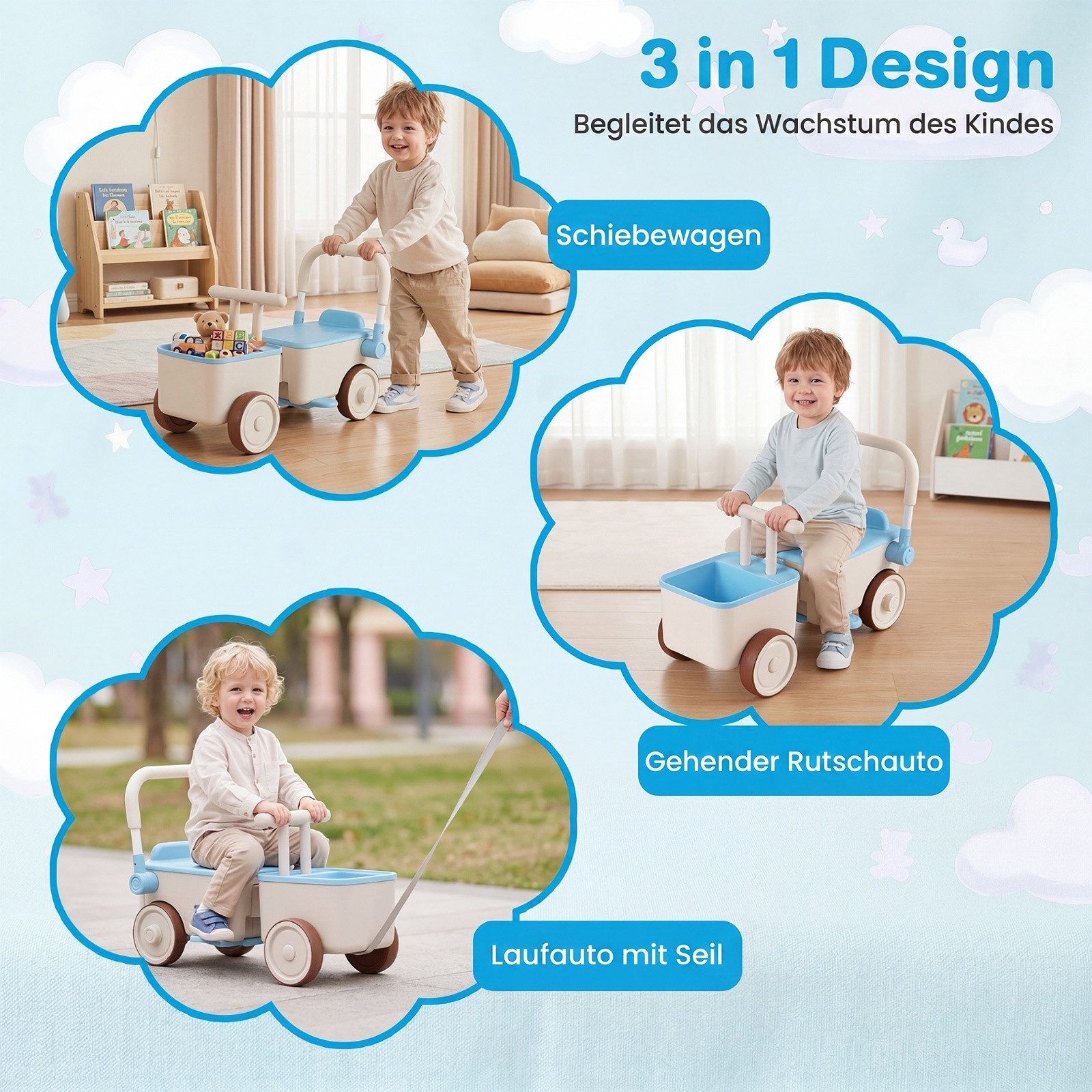 COSTWAY Lauflernwagen 3 in 1 Kinderwagen, Rutscherauto, (1-tlg), mit Stauraum, Zugseil, klappbarem Griff