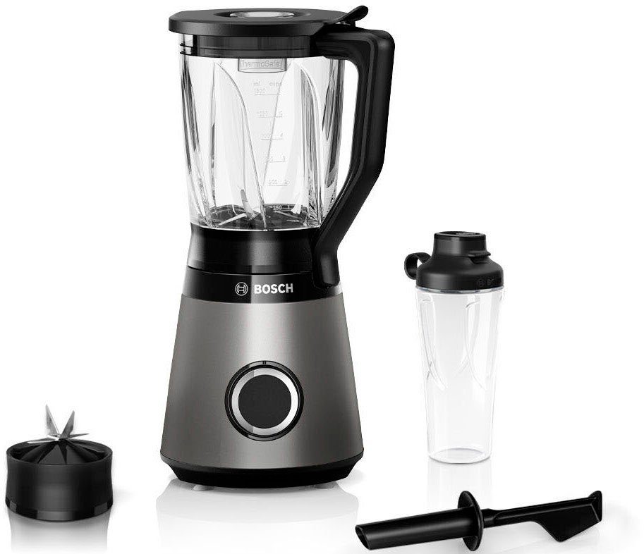 BOSCH Standmixer VitaPower Serie 4 MMB6174SN, 1,5l Mixer, 0,6l ToGo, 30.000 U/Min, grau, 1200 W, Stopfer, 4 Edelstahl Klingen, Kabelstaufach, Made in Europe