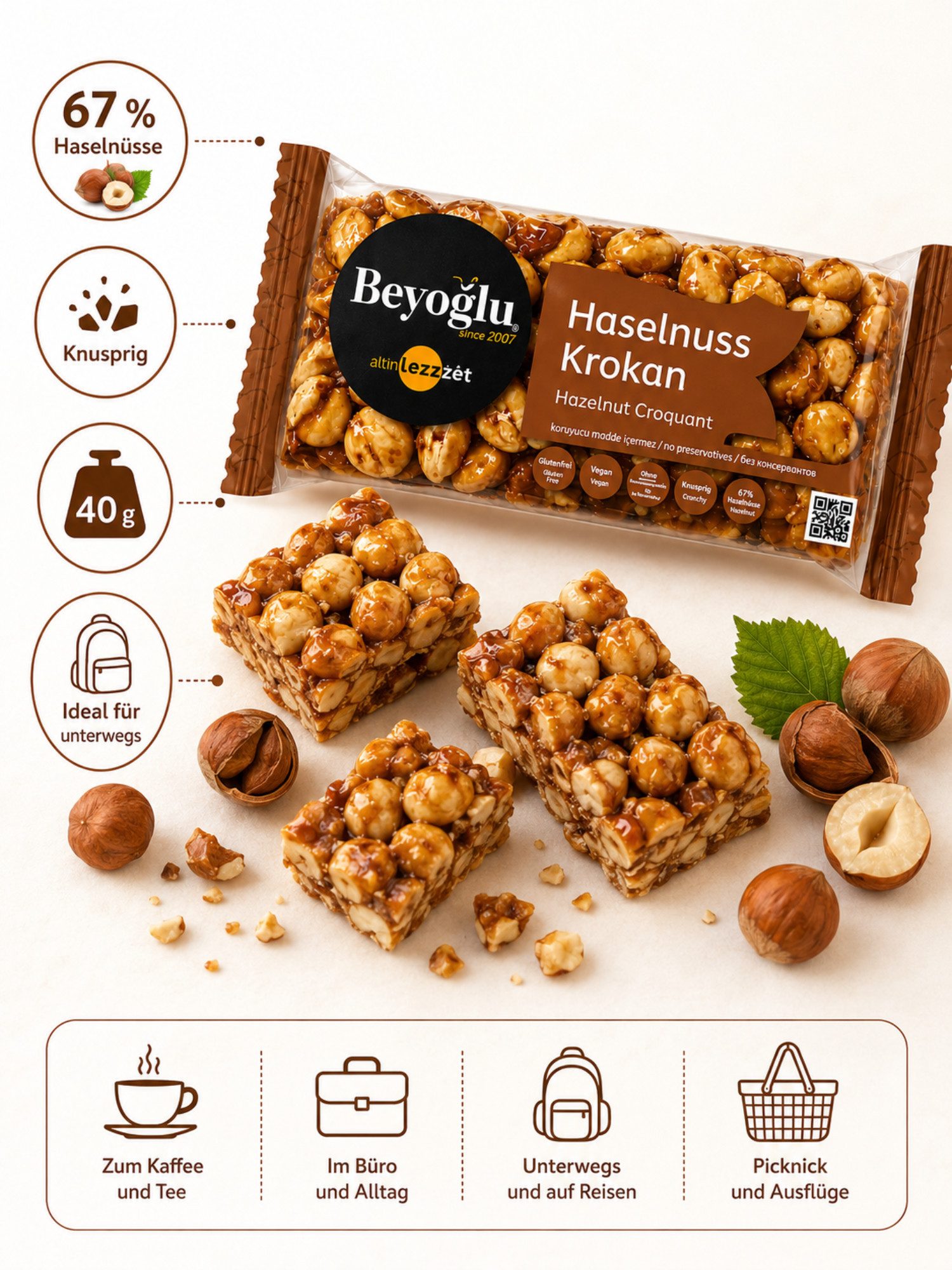 Beyoglucitiri Cerealien Beyoğlu Haselnuss Krokant – 40 g – %67 Haselnuss, 1 x (Einzelartikel), Mit 67 % Haselnüssen Glutenfrei, Ohne Konservierungsstoffe