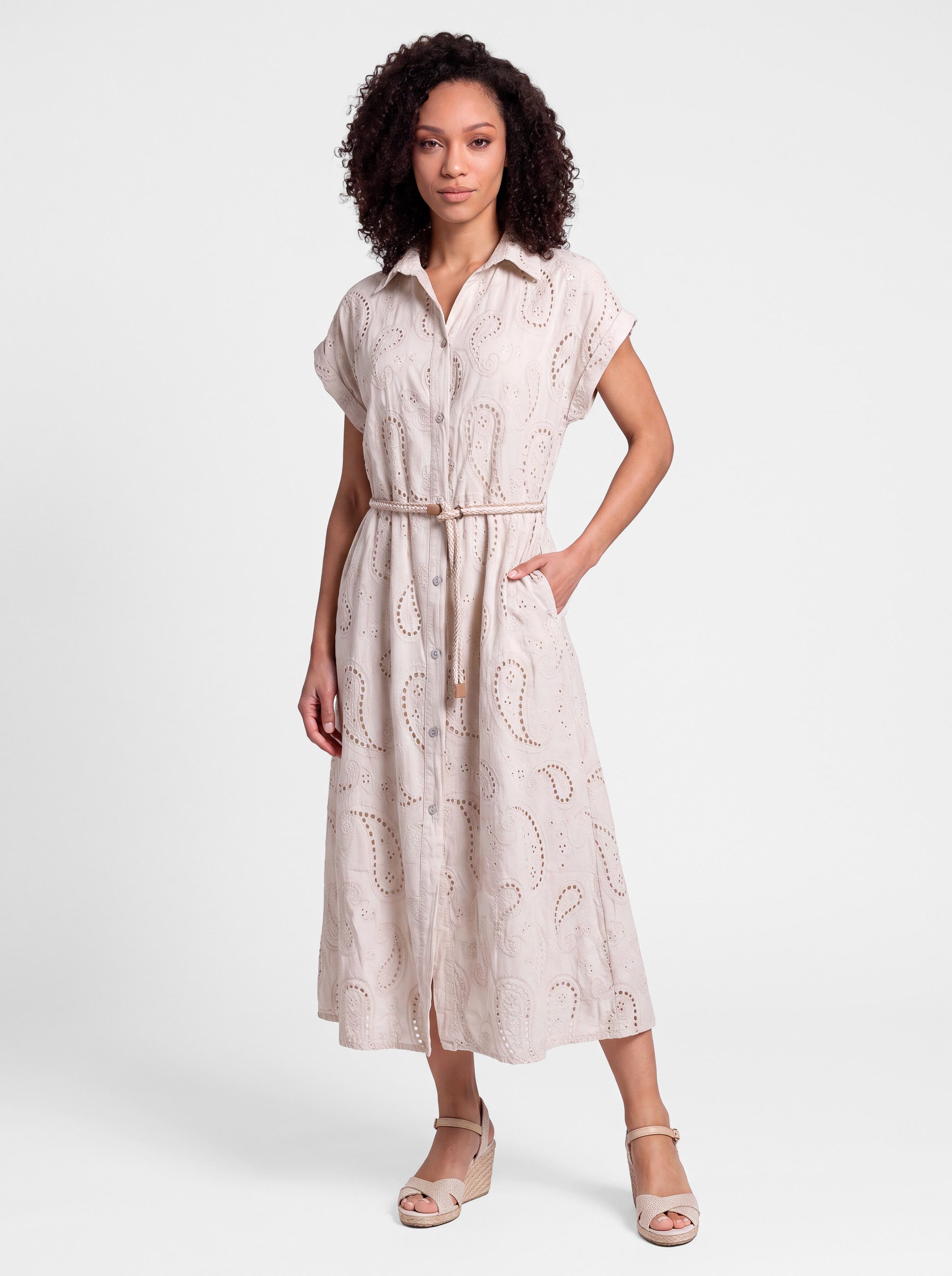 PEKIVESSA Sommerkleid Hemdblusenkleid mit Lochstickerei und Gürtel in Midilänge