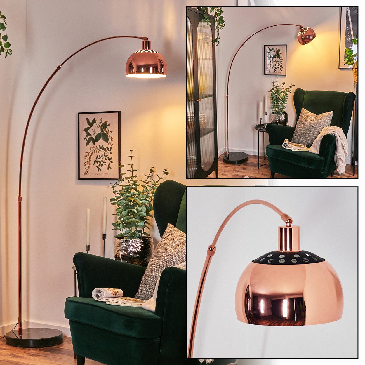 Bogenlampe Stehlampe aus Metall mit Marmorfuß in Schwarz/Kupferfarben/Weiß