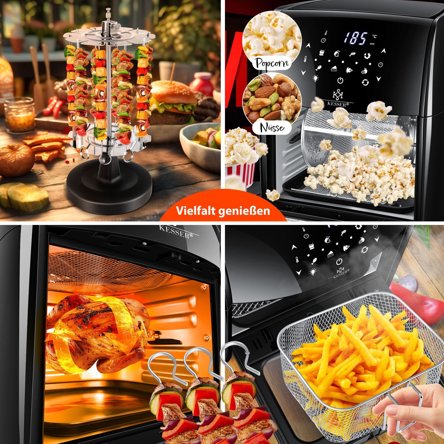 KESSER Heißluftfritteuse, 1800 W, XXL Airfryer 9in1 Heißluftfritteuse Fritteuse Drehgrill