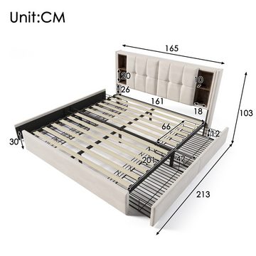 Flieks Polsterbett, Doppelbett 160x200cm Kabelloses Laden/USB/Typ-c & 4 Schubladen Leinen