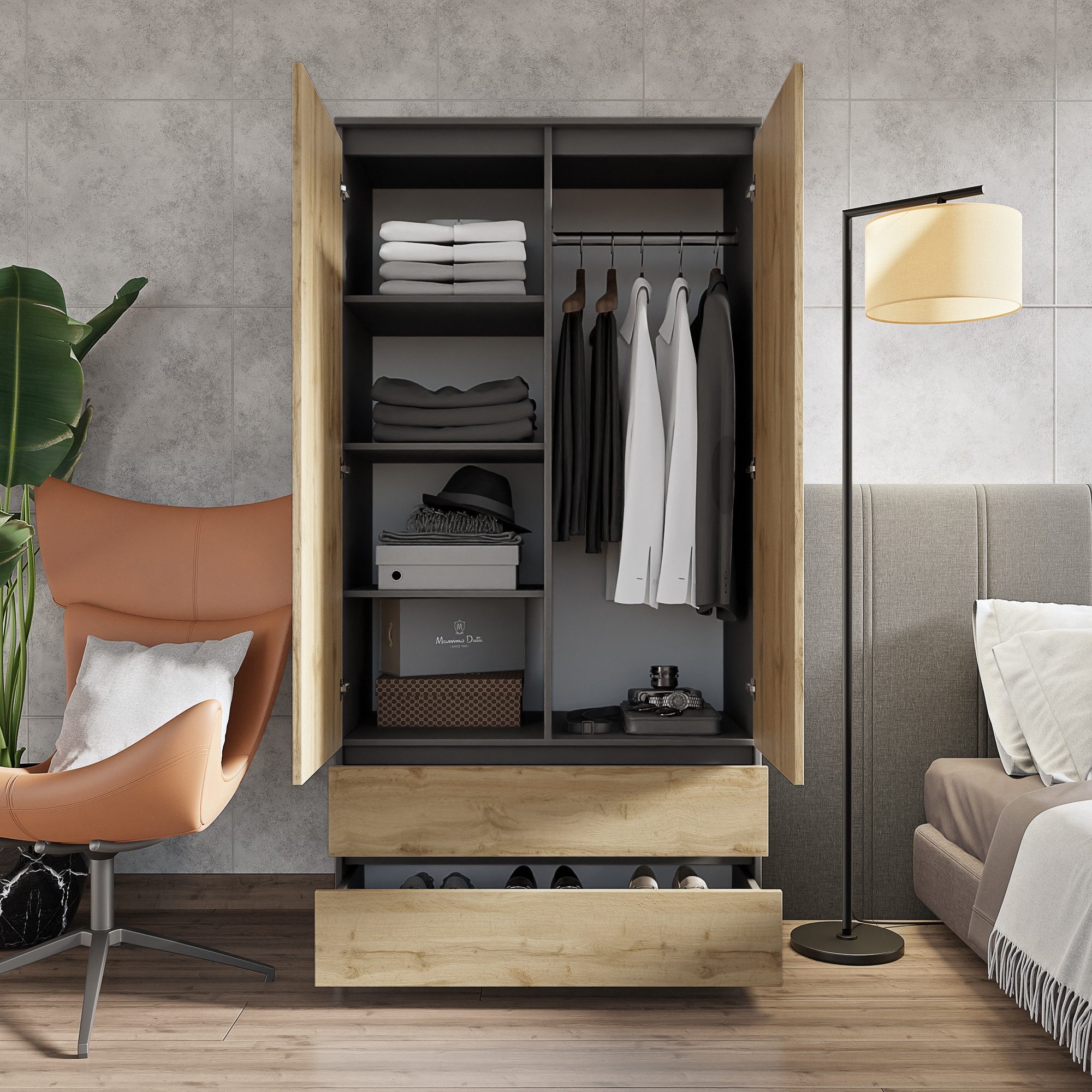 Furnica Kleiderschrank Garderobenschrank, 2 Türen und 2 Schubladen H180 x B90 x T50cm – Bild 2 von 5