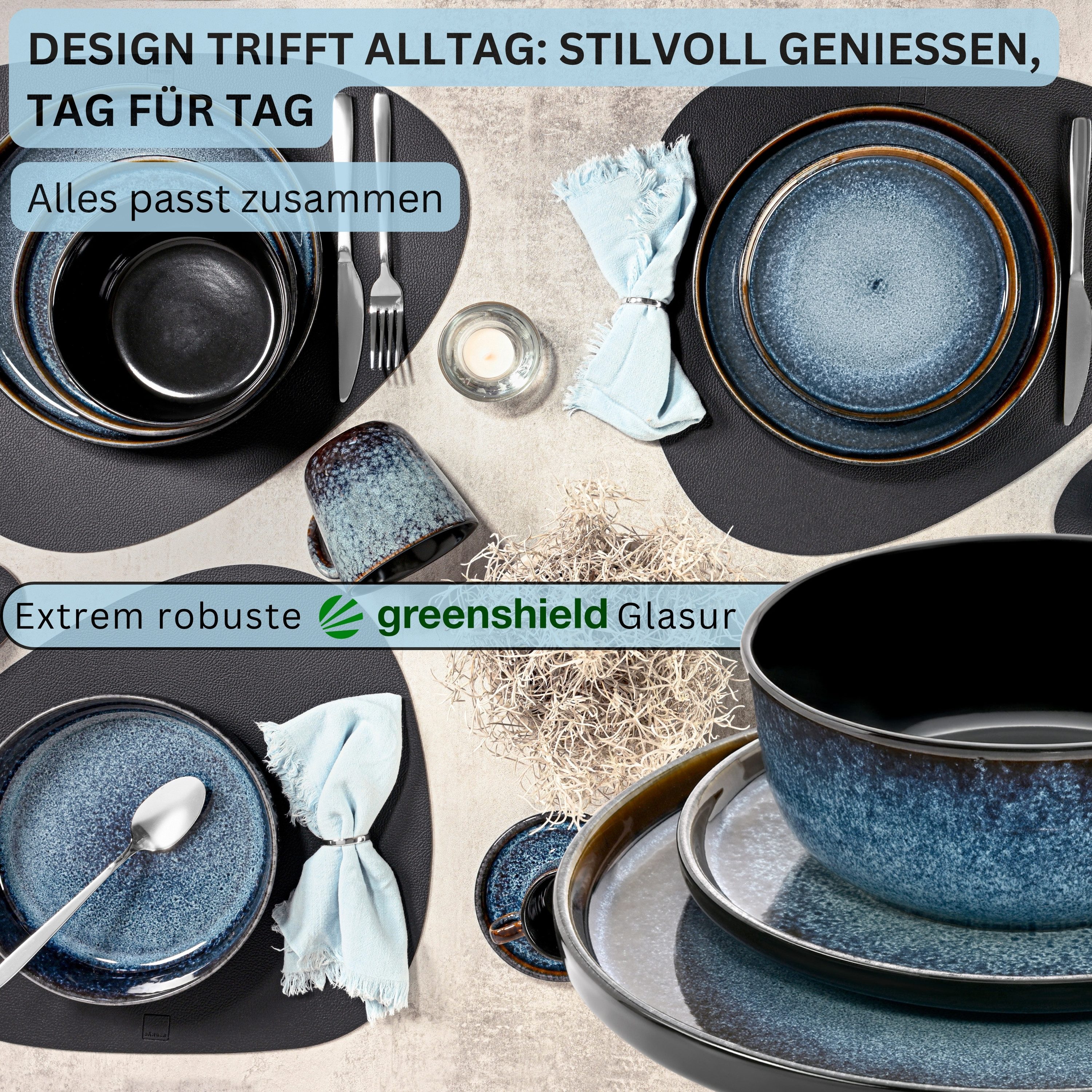 SÄNGER Geschirr-Set Osaka Blau mit schwarzem Rand (30-tlg), 6 Personen, Steingut, Kombiservice, Handmade, Erweiterbar, VALUE COLLECTION