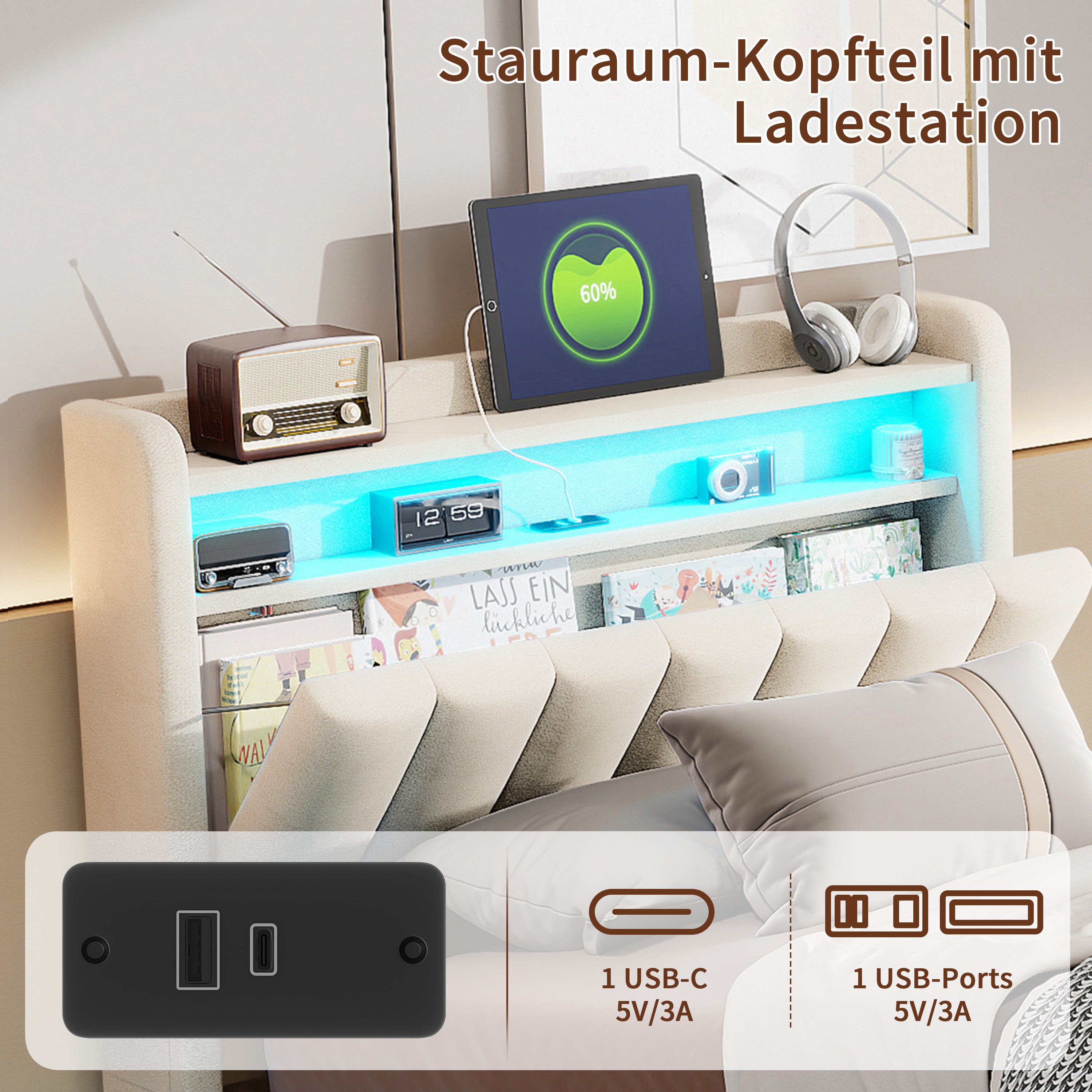 Simurq Polsterbett Samtbett mit Bettkasten 90x200, Einzelbett, Jugendbett, Luxuriöses Samtbett mit Stauraum, Mit Lattenrost, USB Port & LED – Bild 3 von 5