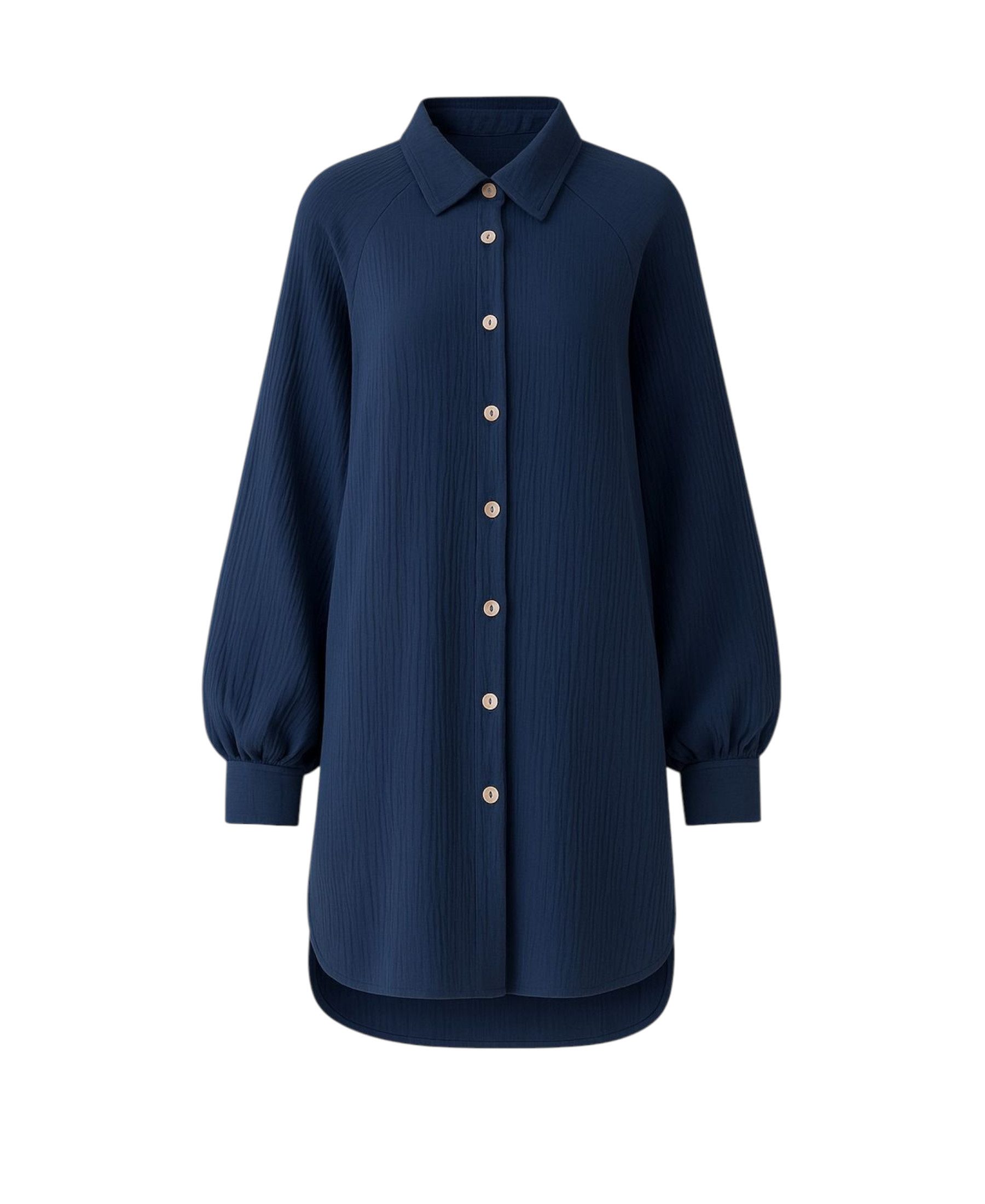 Hemdbluse Musselin Damen Oversize Hemd 100 % Baumwolle Kokosknöpfe Raglanärmel