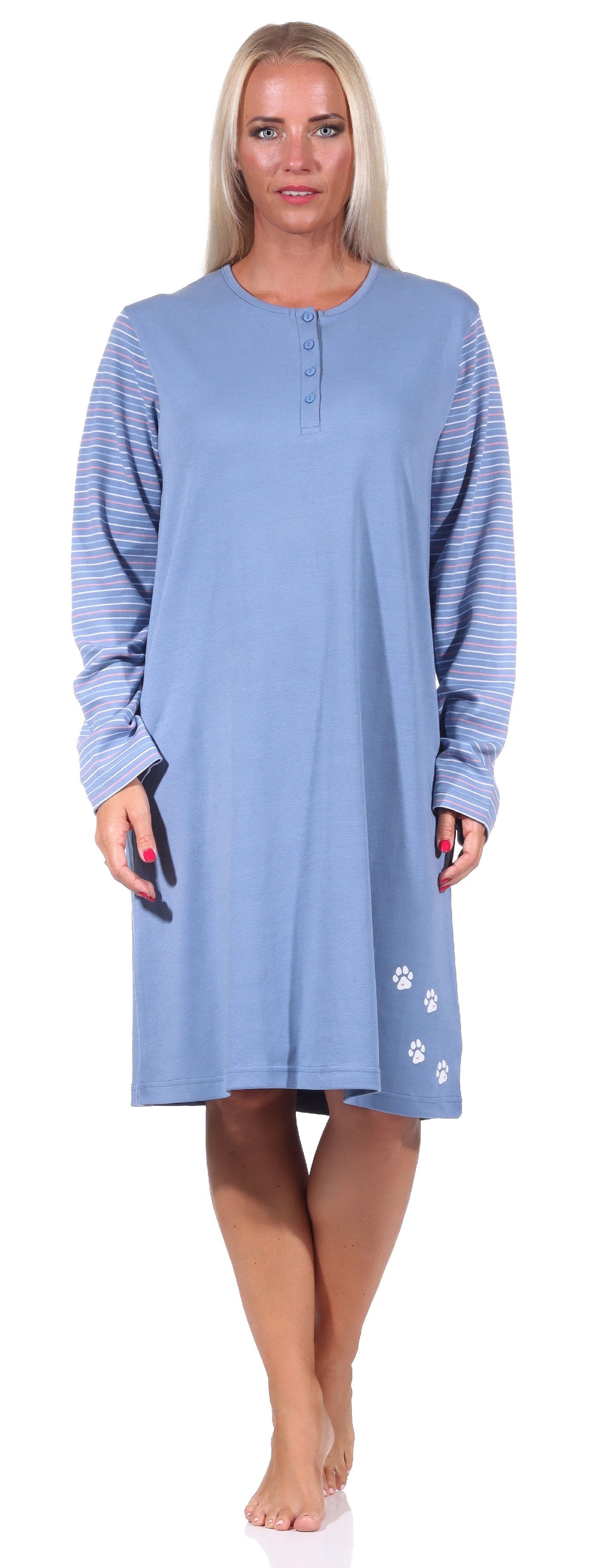 Normann Nachthemd Damen Nachthemd langarm in Kuschel Interlock Qualität blau