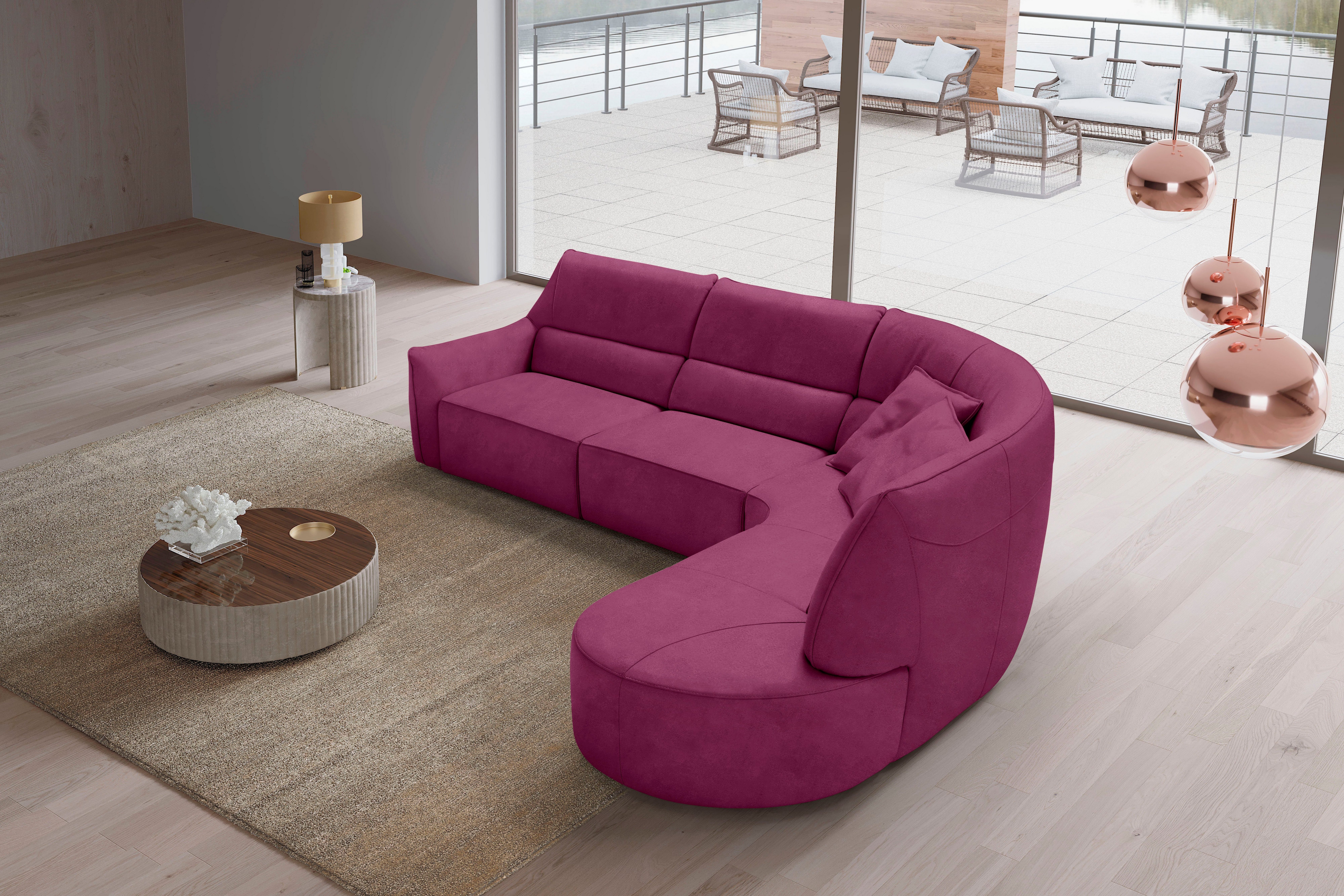Egoitaliano Ecksofa Puffy, extravagant & edel, Retro Designsofa, hoher Sitzkomfort, L-Form, mit Ottomane, wahlweise mit und ohne elektrischer Relaxfunktion