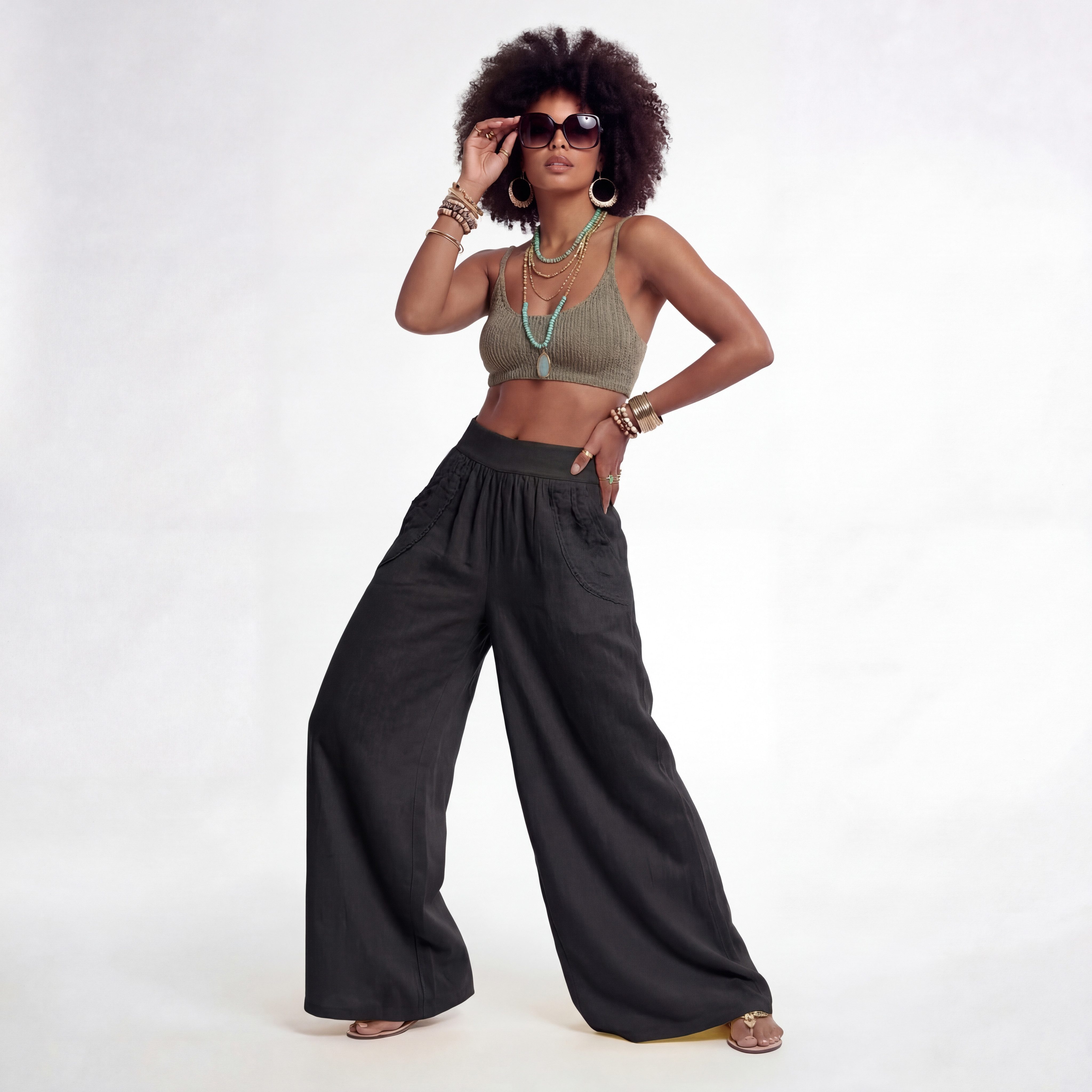 YC Fashion & Style Leinenhose Palazzo Hose weit – Sommerhose mit elastischem Bund und Taschen in Unifarbe