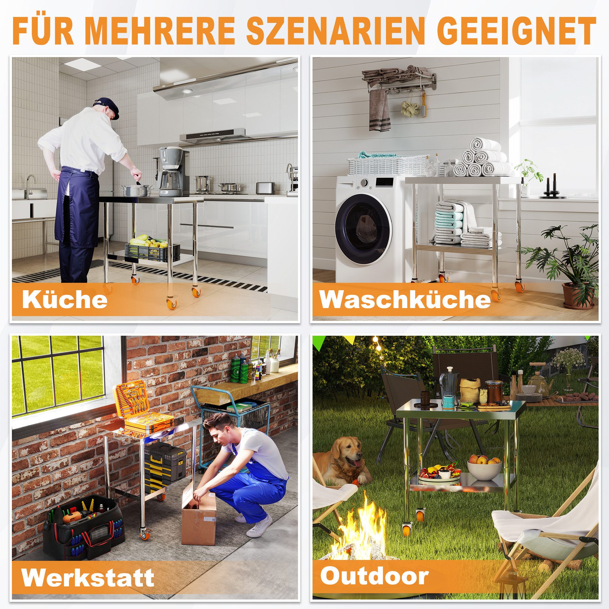 HENGMEI Edelstahl Arbeitstisch 61x46x85 Cm – Mit 4 Rollen, 300 Kg Tragkraft – Für Küche, Garage, Gewerbe