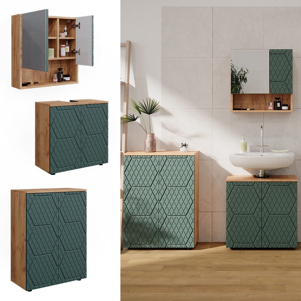 Vicco Badmöbel-Set Irma, Goldkraft Eiche/Grün, 3 günstig online kaufen