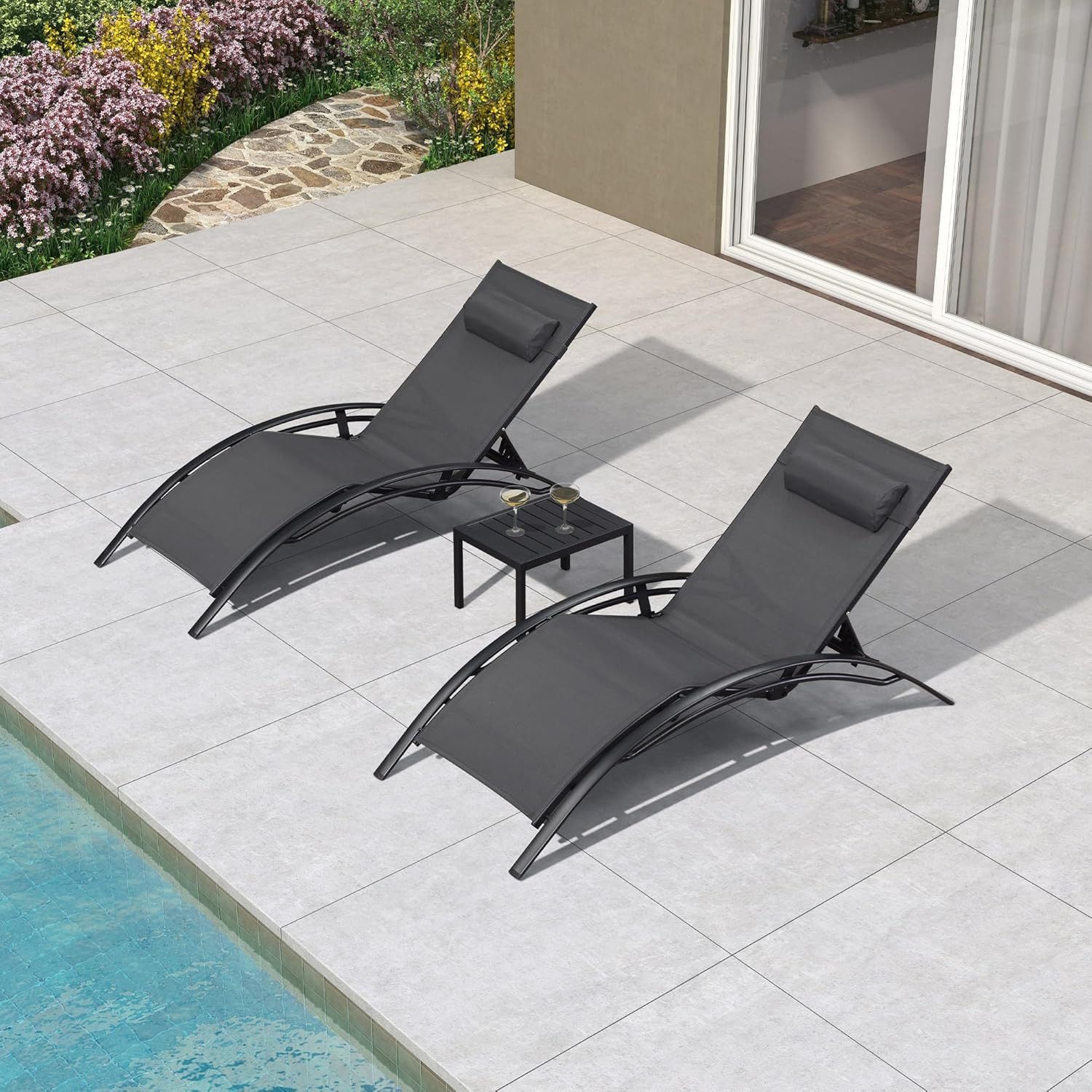 PURPLE LEAF Gartenliege 2er Set Sonnenliegen mit Beistelltisch und Auflagen, Aluminium, Wetterfest,4-Fach Verstellbar,Stapelbar