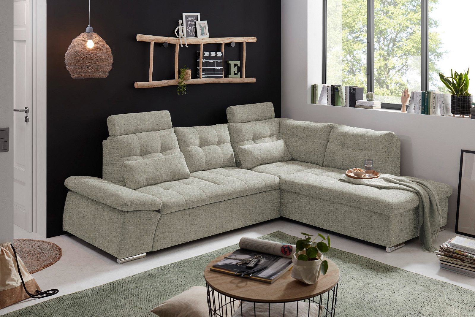 ED EXCITING DESIGN Ecksofa Jakarta, mit Schlaffunktion, verstellbarer Armlehne, 2 Kopfstützen
