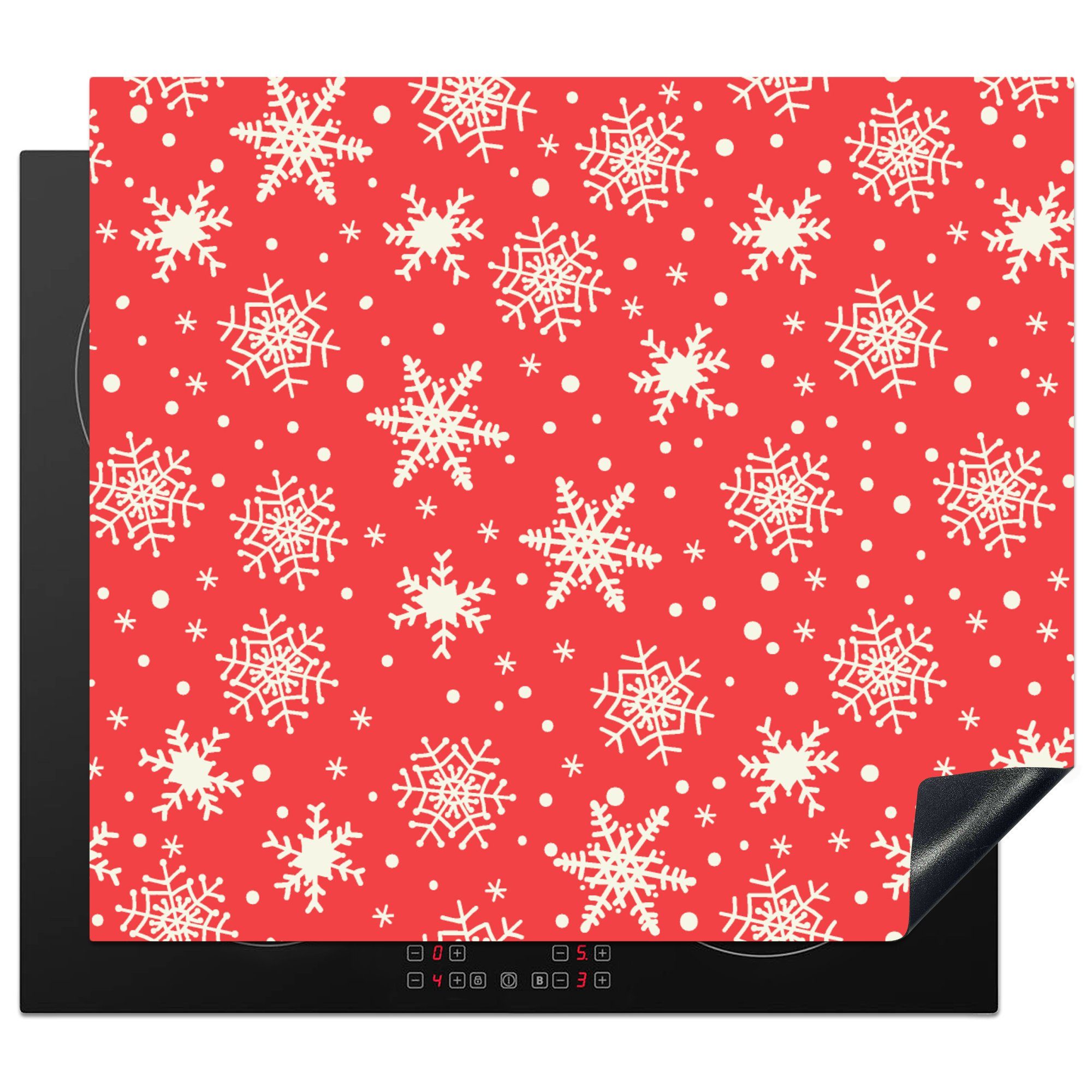 MuchoWow Herdblende-/Abdeckplatte Muster - Schneeflocke - Weihnachten - Rot - Weiß, Vinyl, (1 tlg), 60x52 cm, Mobile Arbeitsfläche nutzbar, Ceranfeldabdeckung