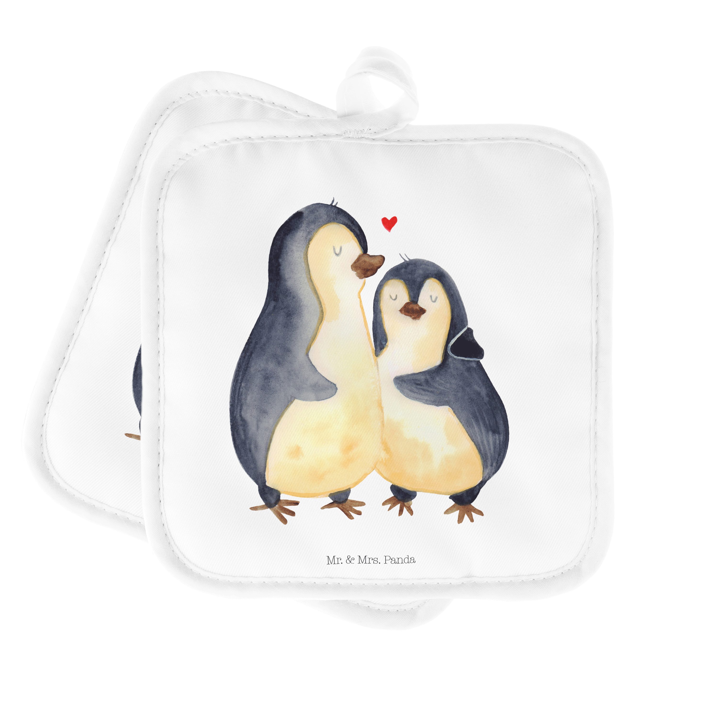Mr. & Mrs. Panda Topflappen Pinguin umarmen - Weiß - Geschenk, Topfuntersetzer, Hochzeitsgeschenk, (1-tlg), Strapazierfähig