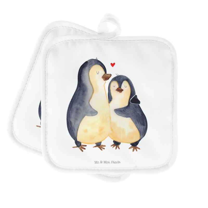 Mr. & Mrs. Panda Topflappen Pinguin umarmen - Weiß - Geschenk, Topfuntersetzer, Hochzeitsgeschenk, (1-tlg), Strapazierfähig