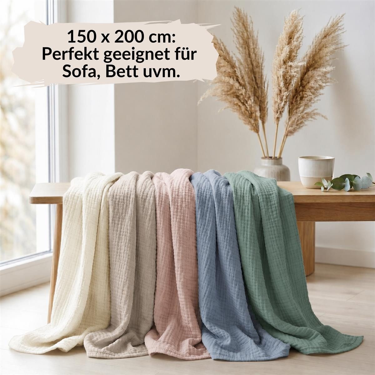 Wohndecke Musselin Decke 150 x 200 100% Baumwolle Kuscheldecke Tagesdecke Plaid, Carpe Sonno, Leichte Musselindecke für Sofa Couch Wohnzimmer Creme
