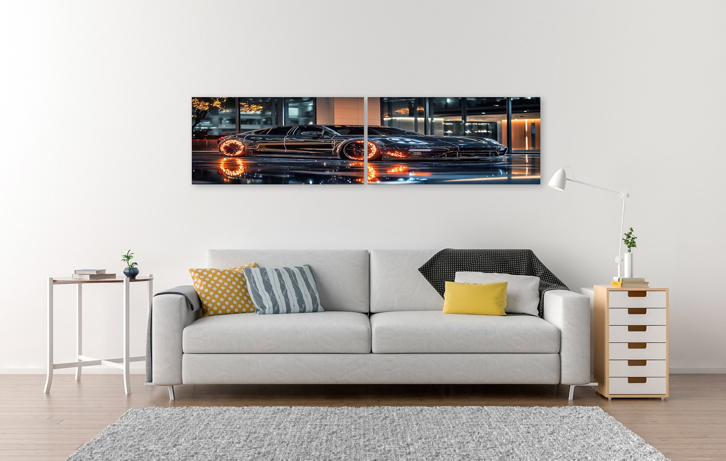 islandburner Leinwandbild, Schwarzes Auto mit leuchtenden günstig online kaufen