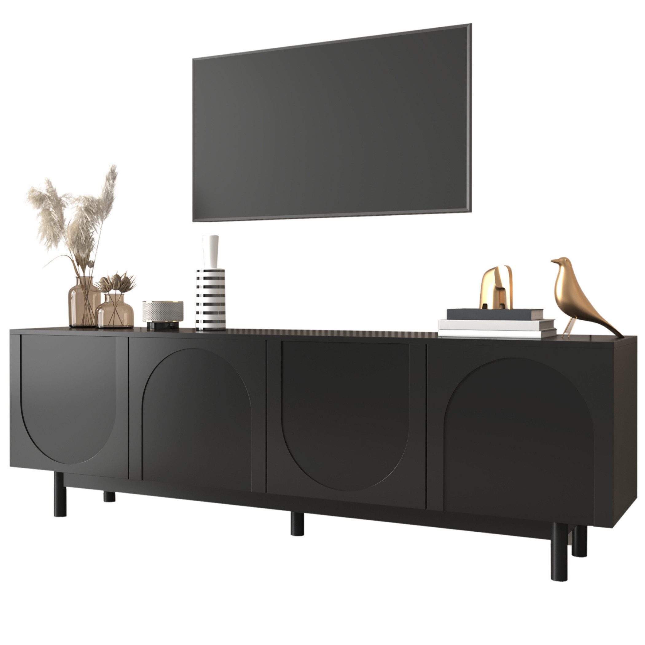 SeedWave Lowboard Elegantes Schwarzes TV-Schrank, Fernsehschrank mit Push-to-Open-Türen, Großer Stauraum, höhenverstellbare Einlegebodens
