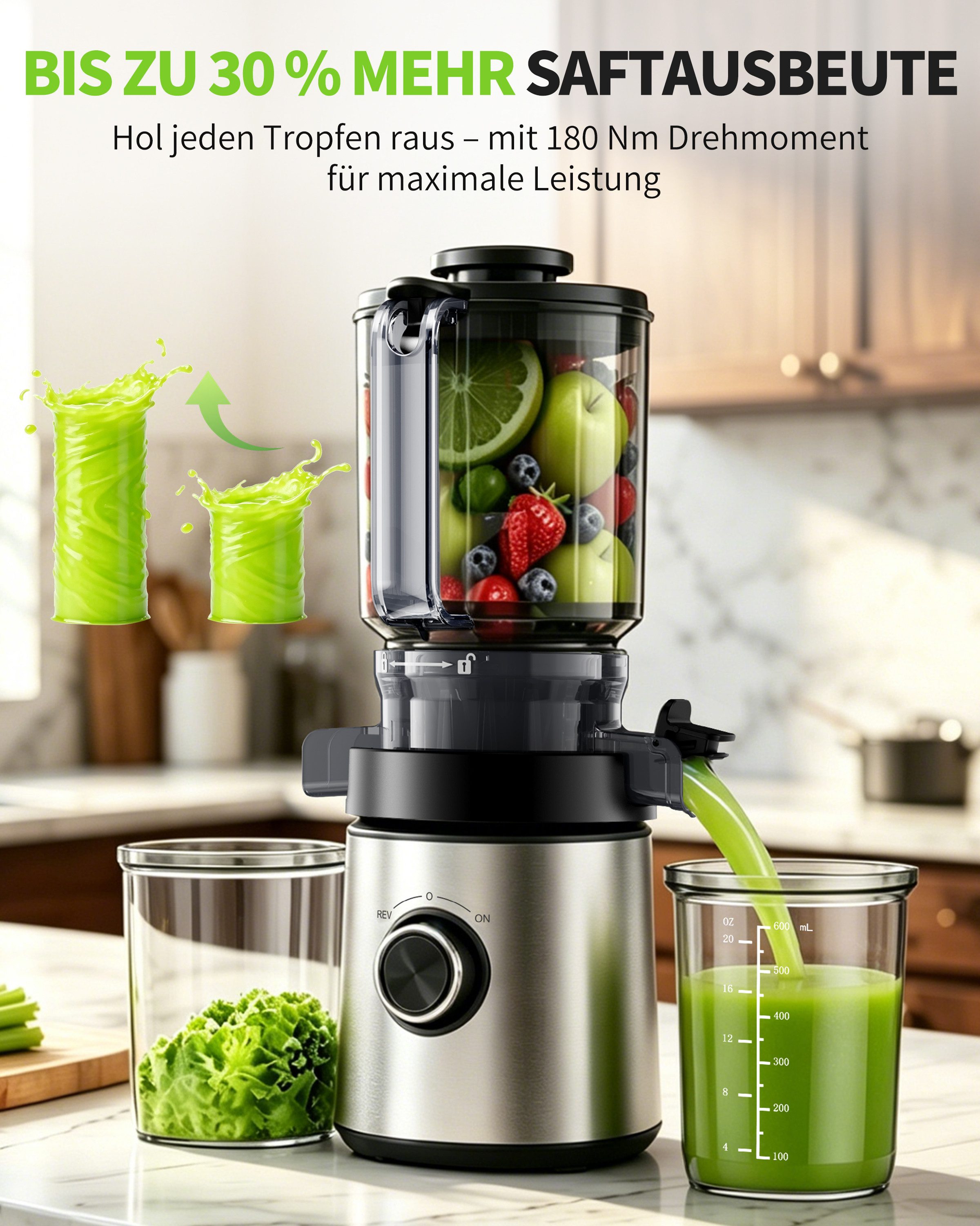 Luckice Slow Juicer Entsafter mit 140-mm-Einfüllöffnung,hoher Saftausbeute,REV-Funktion, 400 W, BPA-frei, spülmaschinengeeignet, inkl. 2 Behältern – Bild 4 von 5