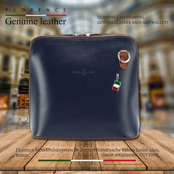 FLORENCE Schultertasche Florence Mini Damen Umhängetasche blau (Umhängetasche), Damen Leder Umhängetasche, Schultertasche, blau, braun ca. 17cm