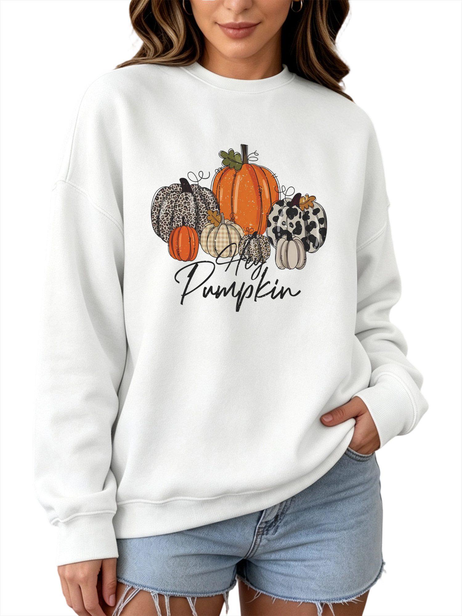 PYLIKE Fleecepullover Fleecepullover Damen,Sweatshirt mit Kürbis Print,Langarm Lockerem Fit Halloween Special Feiertag tragen