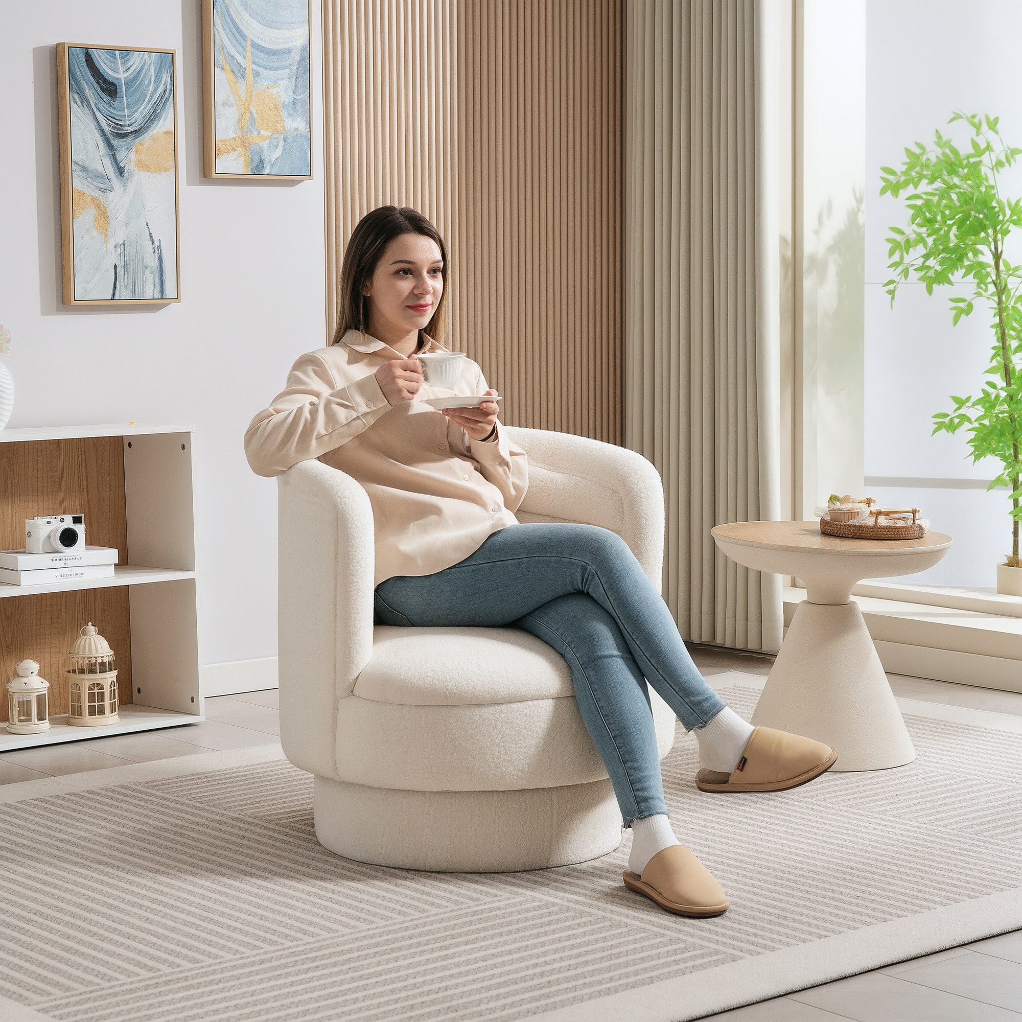 HOMCOM Relaxsessel Sessel Wohnzimmer mit Armlehnen, mit Sherpa-Optik, Polstersessel (Loungesessel, 1-St., Lesesessel), für Schlafzimmer Cremeweiß