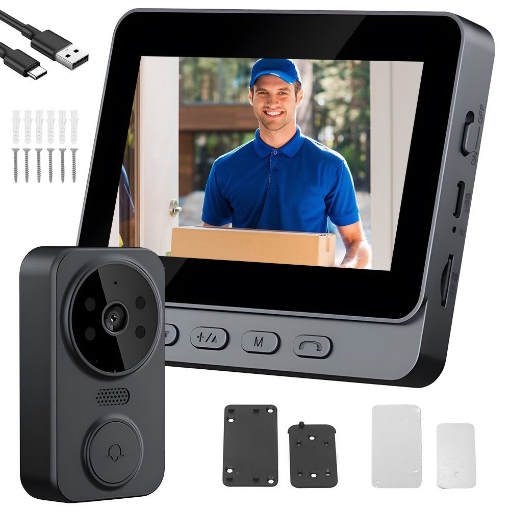 AKKEE Video-Türsprechanlage Drahtlose Video-Türklingel, 4,3-Zoll-Display (Außenbereich, Nachtsicht & Weitwinkel, Zwei-Wege-Gegensprechanlage)