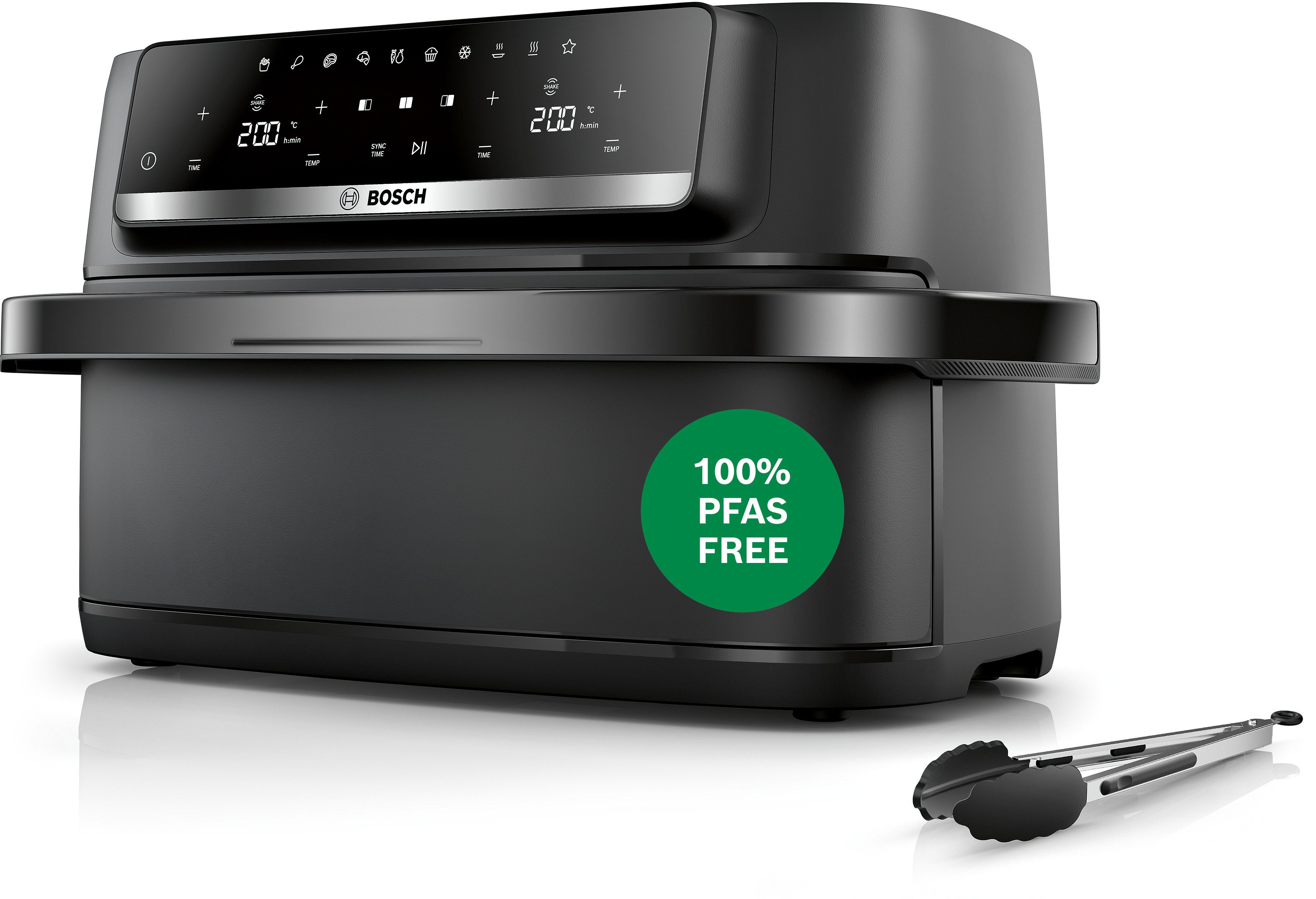 BOSCH Heißluftfritteuse Airfryer MAFD490B7, Dualbasket, 10 L oder 2* 5L Kammern, schwarz, 2500 W, PFAs frei, einfache Reinigung, 6 voreingestellte Programme