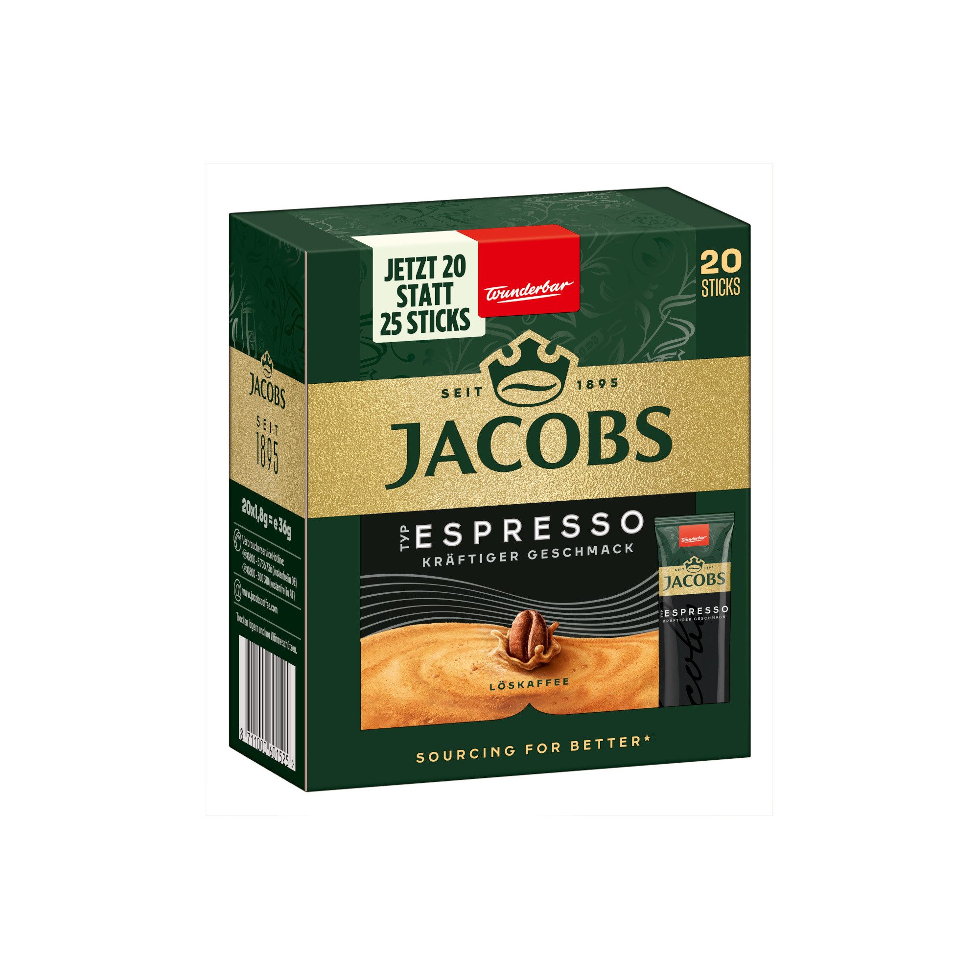 JACOBS Kaffee Löskaffee Typ Espresso 12 x 20 Getränke Sticks, (Packung, 12er Pack)