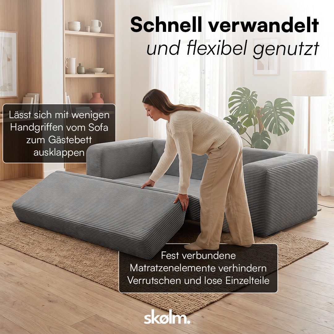 skølm Schlafsofa Laga aus Cord, Sofa 2 Sitzer mit Armlehnen, als Gästebett nutzbar, Dunkelgrau, ausklappbare Schlafcouch 186x135 cm, vakuumiert – ohne Aufbau – Bild 5 von 5