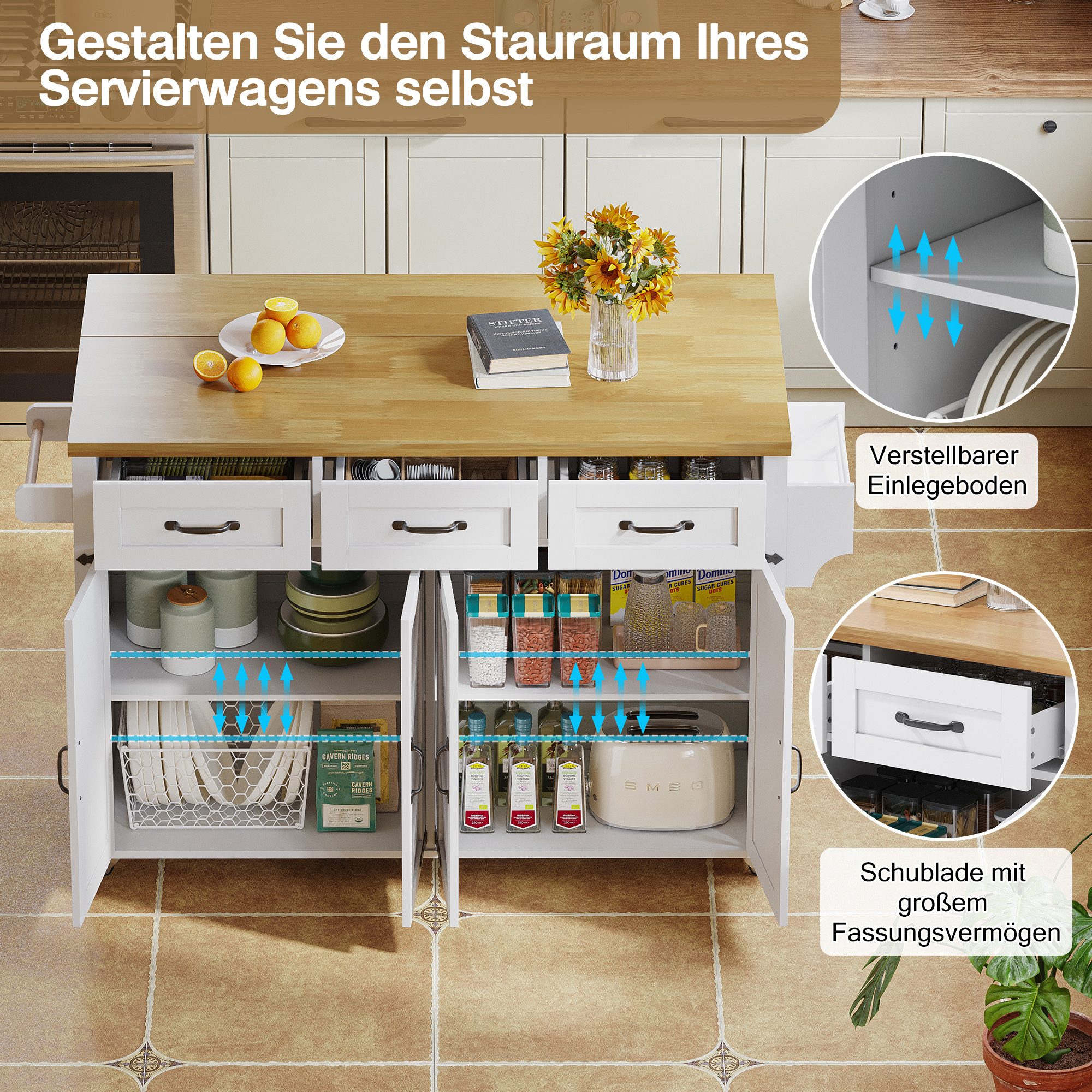 Odikalo Kücheninsel mit Arbeitsplatte, Küchenwagen Servierwagen, (Kücheninsel mit klappbarer Arbeitsplatte, ausgestattet mit 5 feststellbaren Rollen, 4 Türen, 3 Schubladen, Türregal, doppelseitigen Handtuchhaltern, Scheunenstil-Design, Weiß, 140x43(70)x90.5 cm)